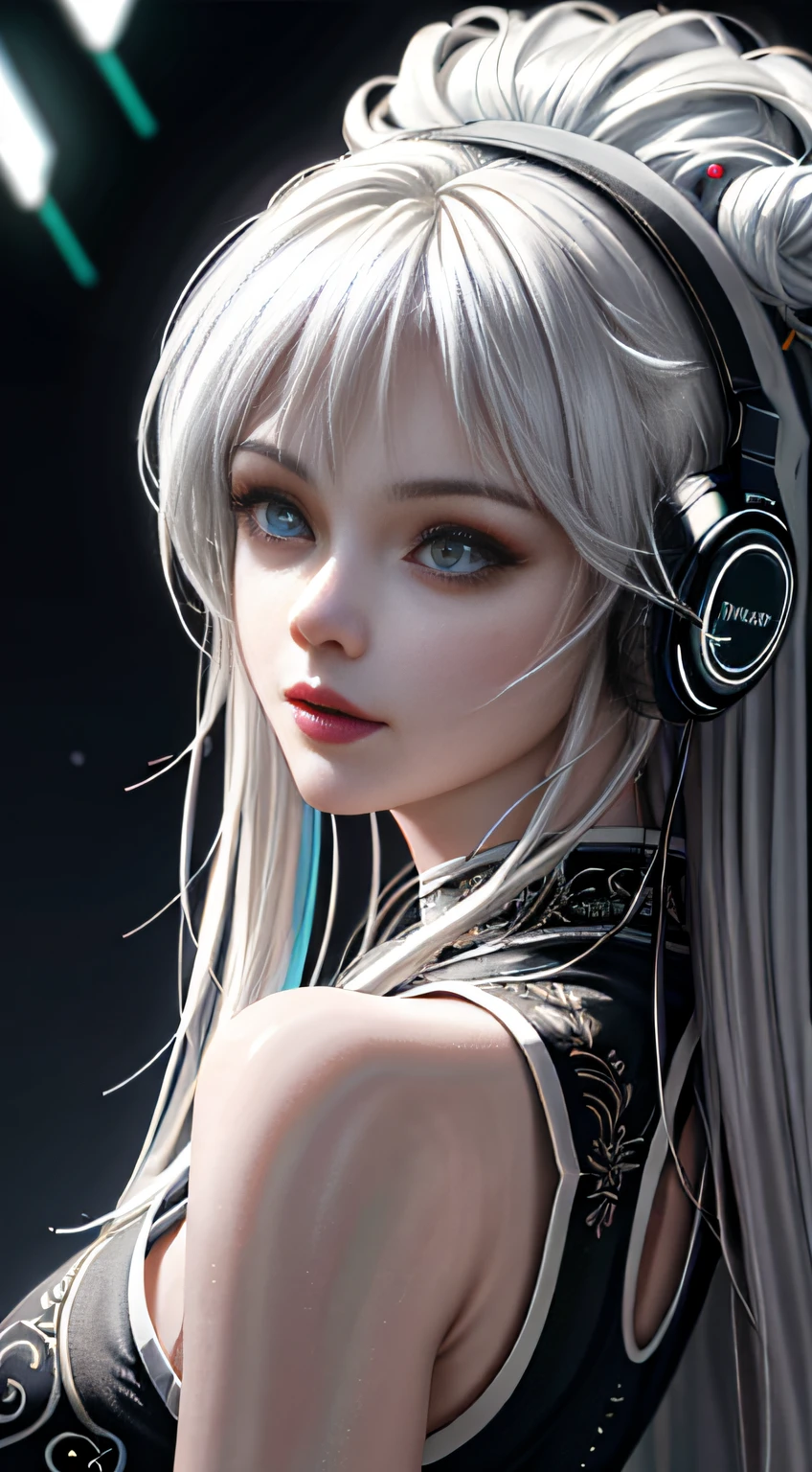 (masterpiece, finely detailed beautiful eyes: 1.2), (on the moon, space, looking back into earth), white hair, black tank top, volumetric lighting, white jacket, glowing headphone, cyberpunk, futuristic, multi-color eyes, detailed eyes, hyper detailed,light smile, highly detailed, beautiful, small details, ultra detailed, best quality, intricate, hyperrealism, sharp, digital illustration, detailed, realism, intricate, 4k, 8k, trending on artstation, good anatomy, beautiful lighting, award-winning, photorealistic, realistic shadows, realistic lighting, beautiful lighting, raytracing, intricate details, moody, rule of thirds, masterpiece, (illustration:1.1), highres, (extremely detailed CG, unity, 8k wallpaper:1.1), beautiful face, highly detailed face, ultra realistic, masterpiece, bokeh, extremely detailed, intricate, zoomout, colorful, vibrant colors, red nail polish, side view,.