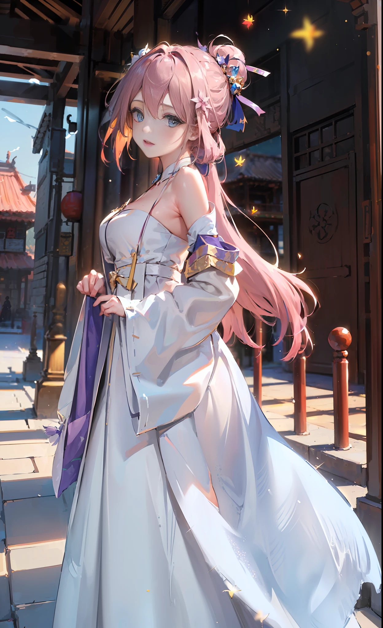 (Masterpiece), (Best Quality), (Super Detailed), (Dirty Hair), (Illustration), (1 Girl) (Long Pink Hair 1.5) (Blue Eyes) (Double Ponytail 2.0), ((((No Shoulders))),Hanfu, (Looking at the Audience, (Interview), (Simple Background), Beautiful and Delicate Eyes, Delicate Beautiful Face, Soaring (High Saturation), (Colorful Glitter), Multi-colored Bubbles, (Glitter), Accent on Face, PerfectNwsjMajic, conservative clothes, Shoulderless, autumn clothes, facing the masses, perfect figure,