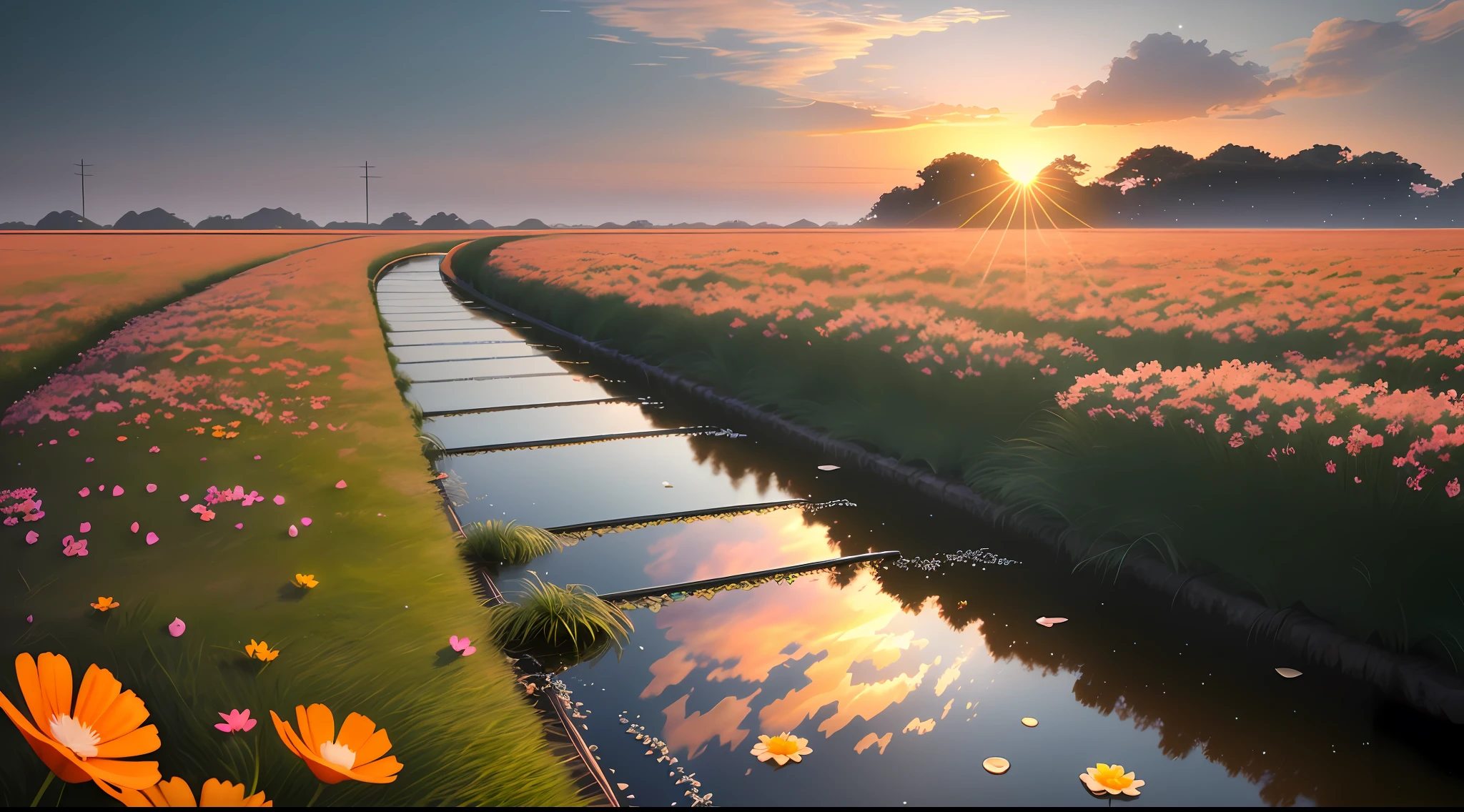 Imagine a early morning light orange sky when sun is not visible and moon is gone with almost transparent random clouds and few sprinkles of stars, a crystal clear water start running from left to right horizontally with beutiful stones in visible surface of the wide canal, close up of a cosmos flower randomly and few scattered across field, 4k, realistic graphic, 3d, highest quality, most realistic, c4d, location Japan