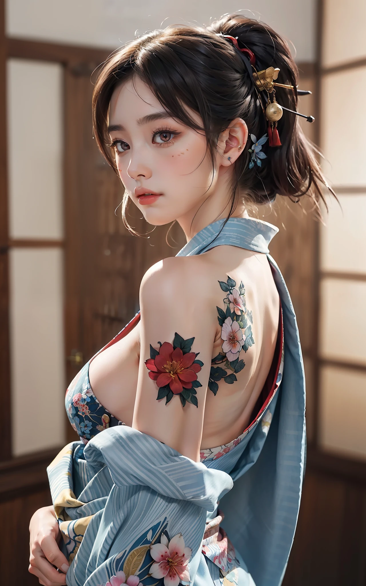 (masterpiece:1.2, best quality), (finely detailed beautiful eyes: 1.2), ((1girl:1.6)), ((solo:1.5)), (red eyes:1.4), (finely detailed eyes and detailed face:1.3), (beautiful and clear background:1.2), (extremely detailed CG, ultra-detailed, best shadow:1.1), ((depth of field)), ((watercolor)), (oni:1.5), (kimono:1.3), large breasts, bare shoulders, flowers and petals, beautiful concept illustration, (white background:0.5), (illustration:1.1), (extremely fine and beautiful:1.1), (perfect details:1.1), from side, cowboy shot, backless outfit, tatto