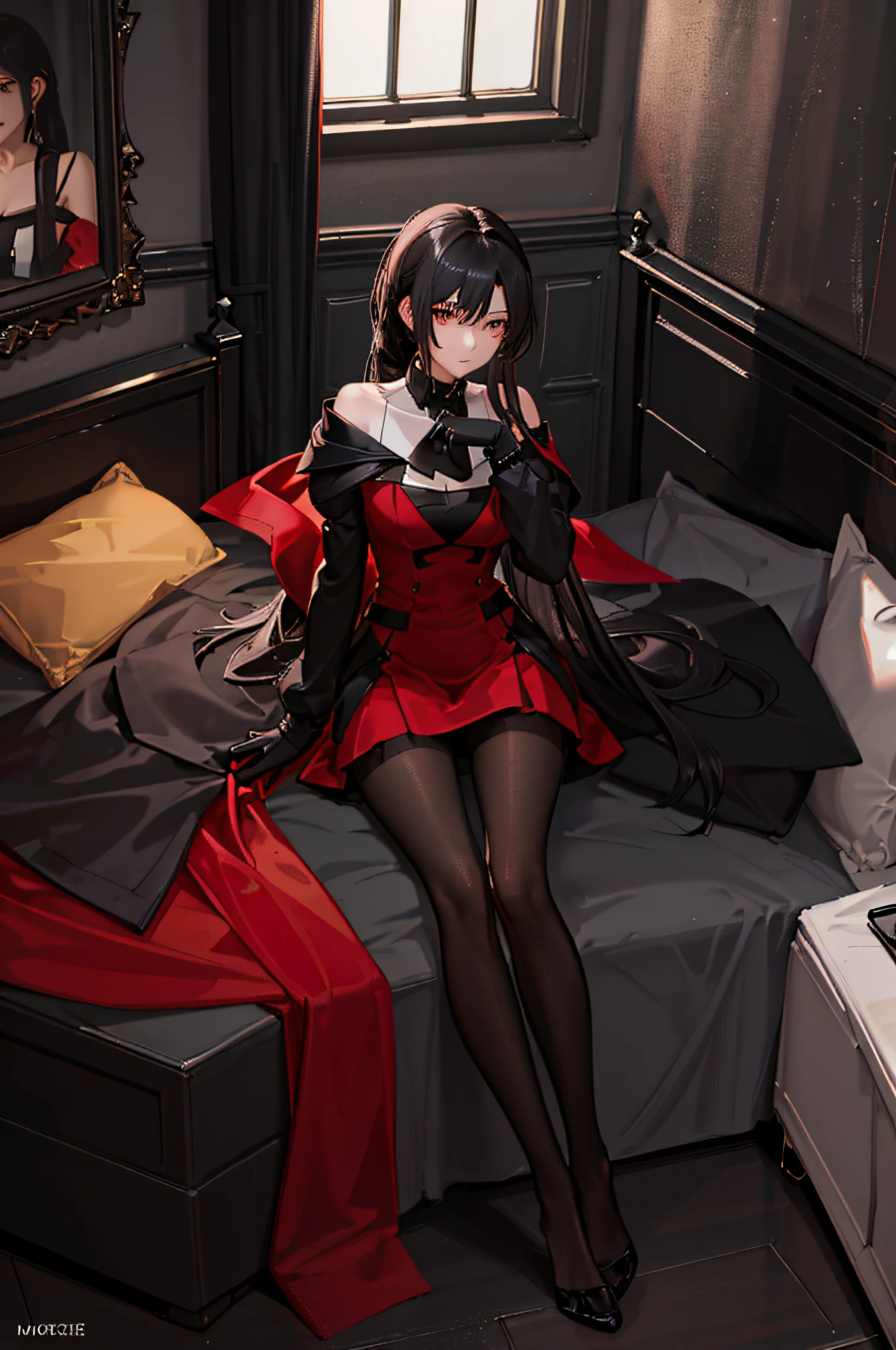 (((1 girl)),ray tracing,(dim lighting),[detailed background (bedroom)),((black hair)),((black hair)),(black hair)),(shaggy black hair, busty slender girl)) with high ponytail))) Avoid blonde eyes in the ominous bedroom (((girl wearing a red dress with pantyhose) and black gloves), showing a delicate slim figure and graceful curves, correct limbs, sitting alone on the bed