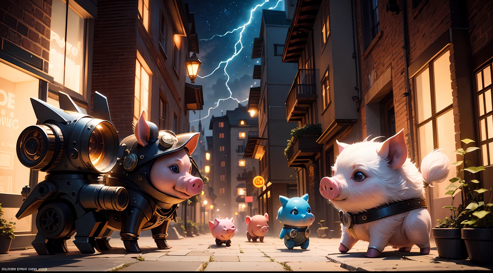 /imagine prompt: illustration of A small pig moving in the blink ,Teleportation has drag shadow::8, The little pig has lightning on its body::15, Piggy wears Steampunk clothes::15, In the city center garden::8, Center the composition::5, high angle view::6, Unreal Engine::10, beautiful lighting::10, Cinematic light::11, Volumetric light::6, Fantasy::6, Pop art::5, hyper quality::6, Futuristic Robots::2, Steampunk::10 --seed 252441588 --s 400 --q 2 --c 30