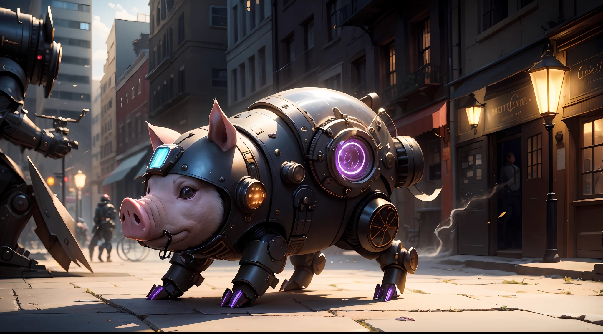 /imagine prompt: illustration of A small pig moving in the blink ,Teleportation has drag shadow::8, The little pig has lightning on its body::15, Piggy wears Steampunk clothes::15, In the city center garden::8, Center the composition::5, high angle view::6, Unreal Engine::10, beautiful lighting::10, Cinematic light::11, Volumetric light::6, Fantasy::6, Pop art::5, hyper quality::6, Futuristic Robots::2, Steampunk::10 --seed 252441588 --s 400 --q 2 --c 30