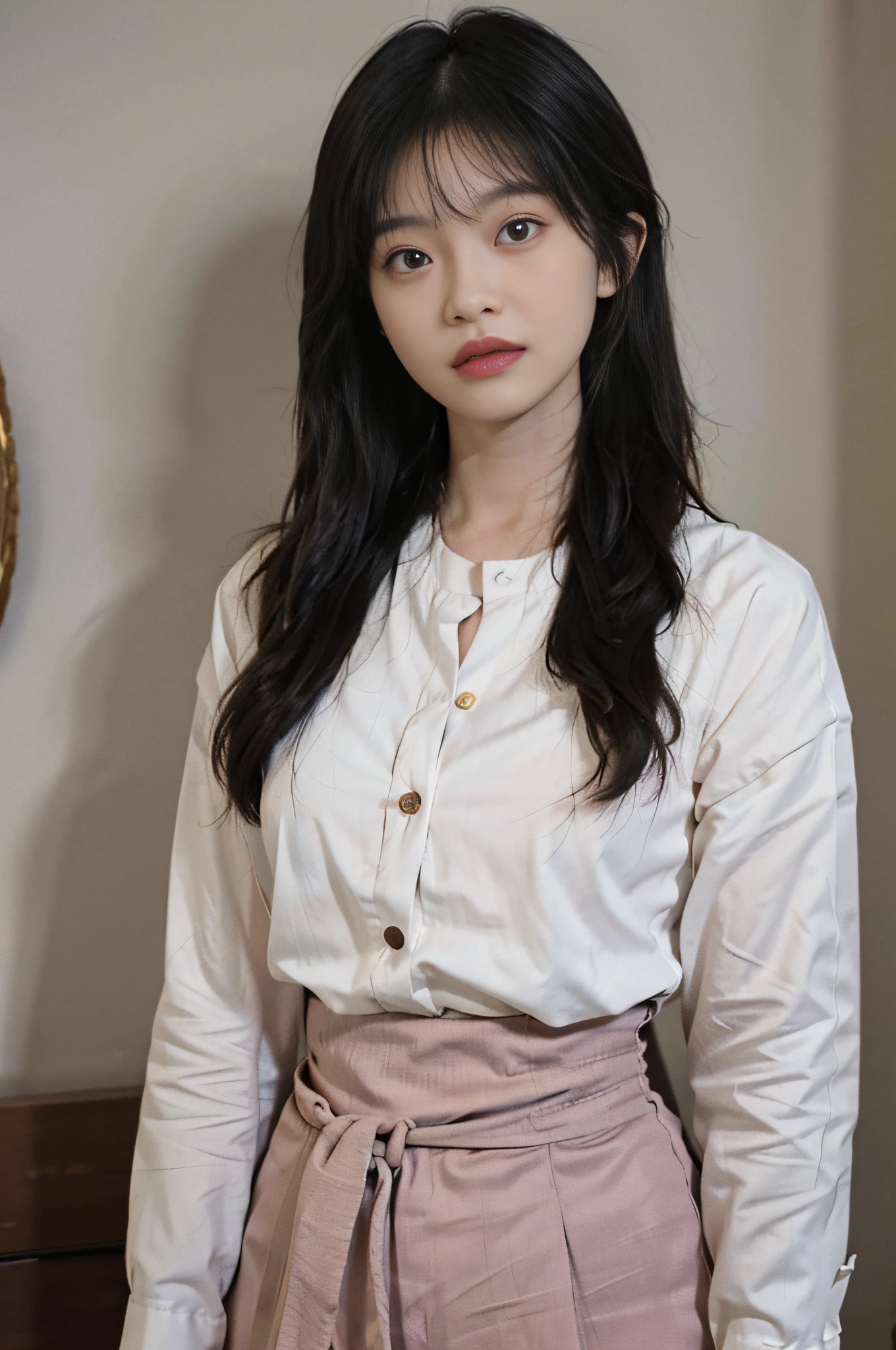 Temperament girl, delicate facial features, bangs, brown ponytail, messy hair, hair is very realistic, wearing a pink unbuttoned shirt, the background is a large painting, sea view, Du Qiong, exquisite makeup, light red lips, big eyes, double eyelids, black holes, bright eyes, symmetrical face, very real face, narrow waist, thighs, meticulously portraying the girl's face, blush, super high appearance, looking at the audience, very realistic skin, skin oil reflection, artwork, clothes have a real fabric texture, Realistic painting, cinematic style, photography level, ray tracing, realistic light and shadow effects, realism, masterpiece, like the top photography effect, 8K