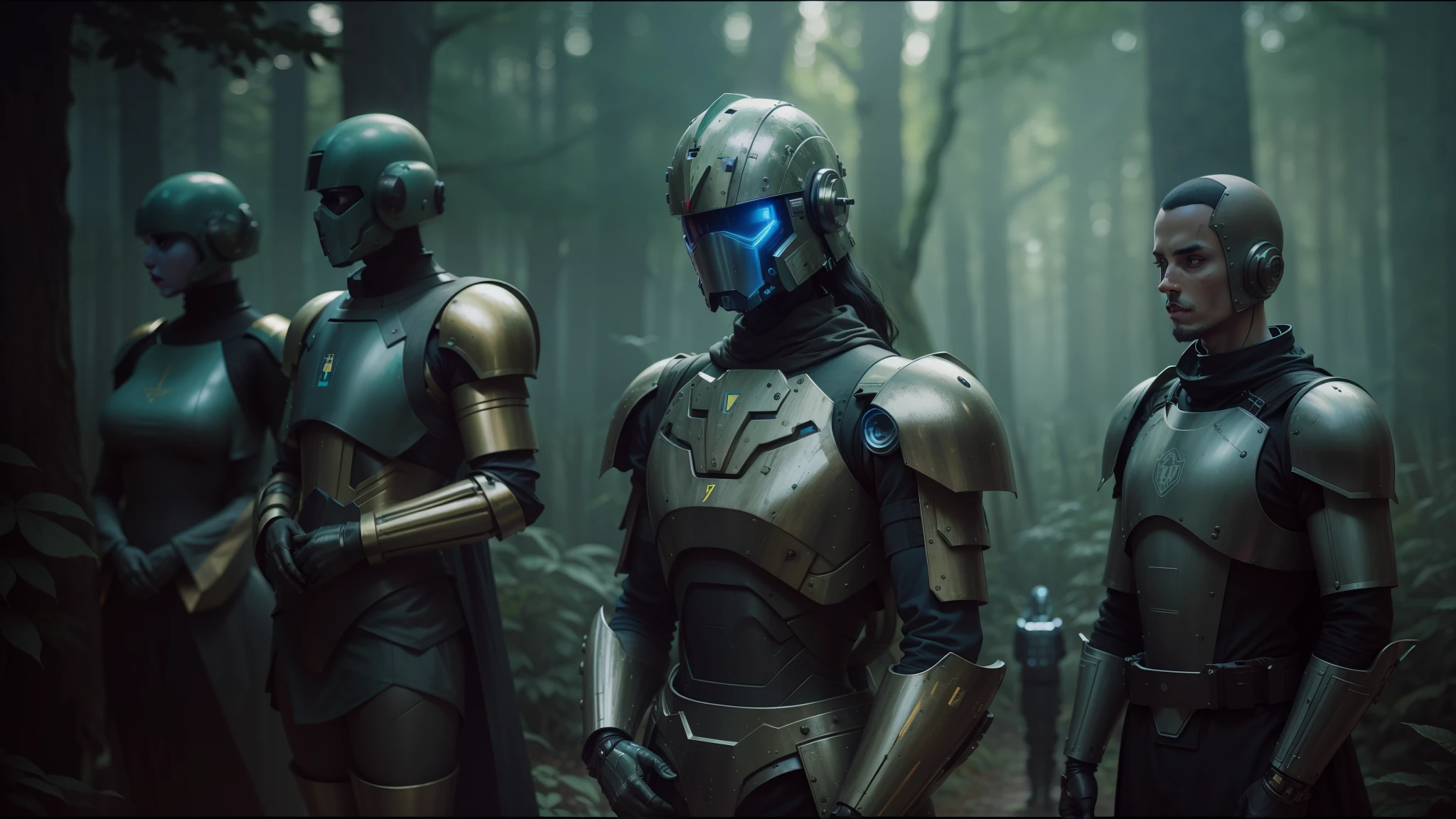 several people in armor standing in a forest with trees, humanoid robot from ex machina, color grading, [ metal ], metabaron, die antwoord style wear, pale blue faces, ariana grande in star wars, brass woman, oilpunk, guards, codex