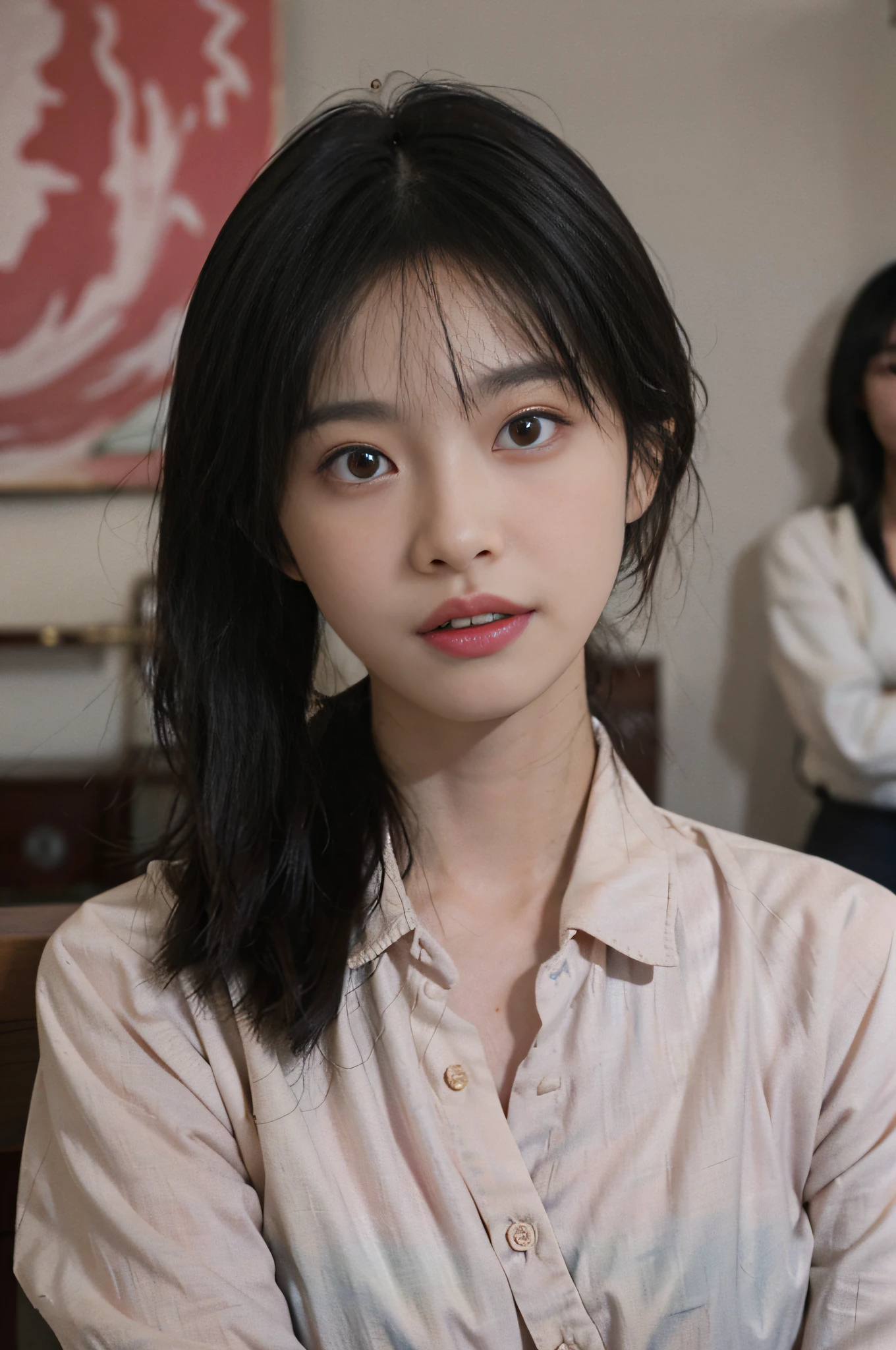Temperament girl, delicate facial features, bangs, brown ponytail, messy hair, hair is very realistic, wearing a pink unbuttoned shirt, the background is a large painting, sea view, Du Qiong, exquisite makeup, light red lips, big eyes, double eyelids, black holes, bright eyes, symmetrical face, very real face, narrow waist, thighs, meticulously portraying the girl's face, blush, super high appearance, looking at the audience, very realistic skin, skin oil reflection, artwork, clothes have a real fabric texture, Realistic painting, cinematic style, photography level, ray tracing, realistic light and shadow effects, realism, masterpiece, like the top photography effect, 8K
