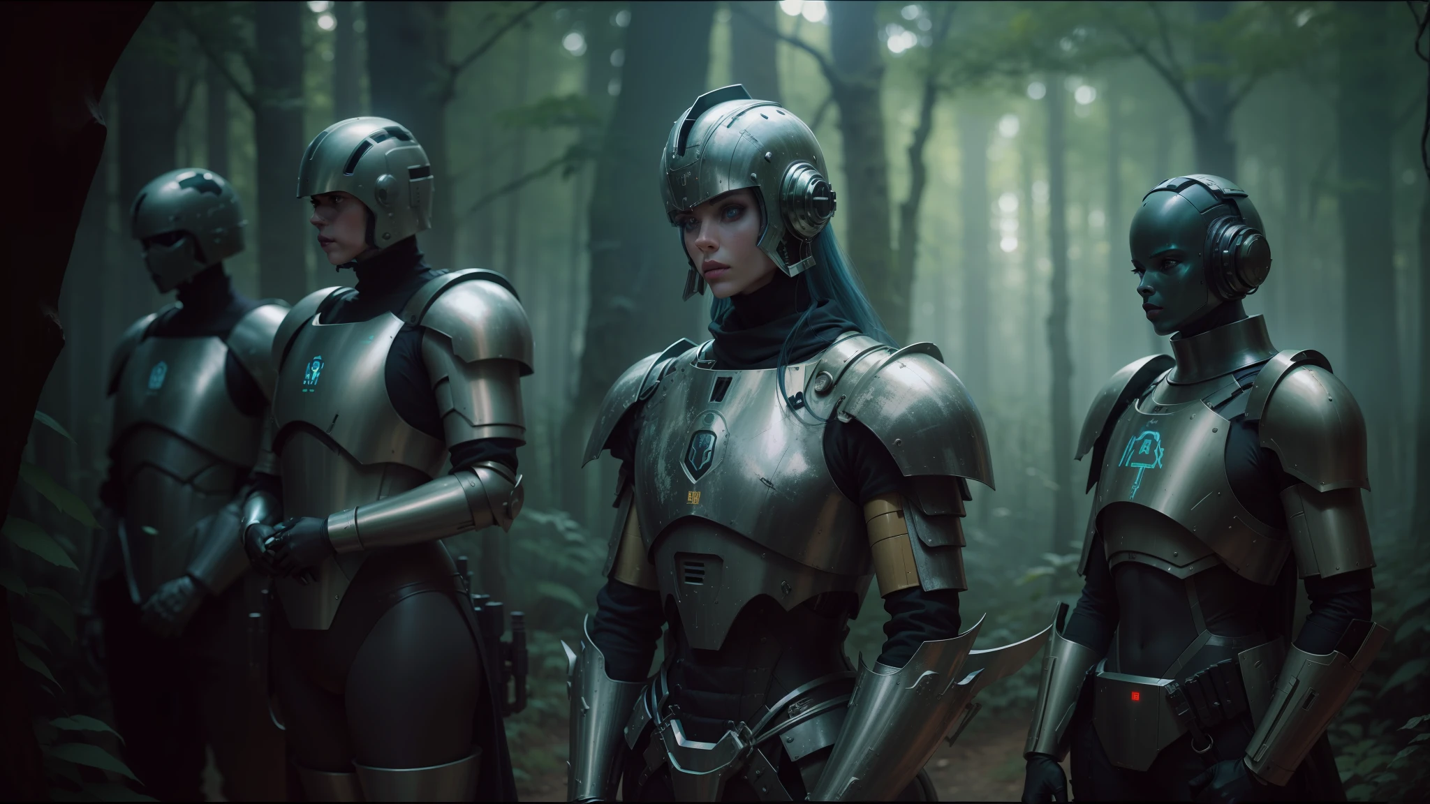 several people in armor standing in a forest with trees, humanoid robot from ex machina, color grading, [ metal ], metabaron, die antwoord style wear, pale blue faces, ariana grande in star wars, brass woman, oilpunk, guards, codex