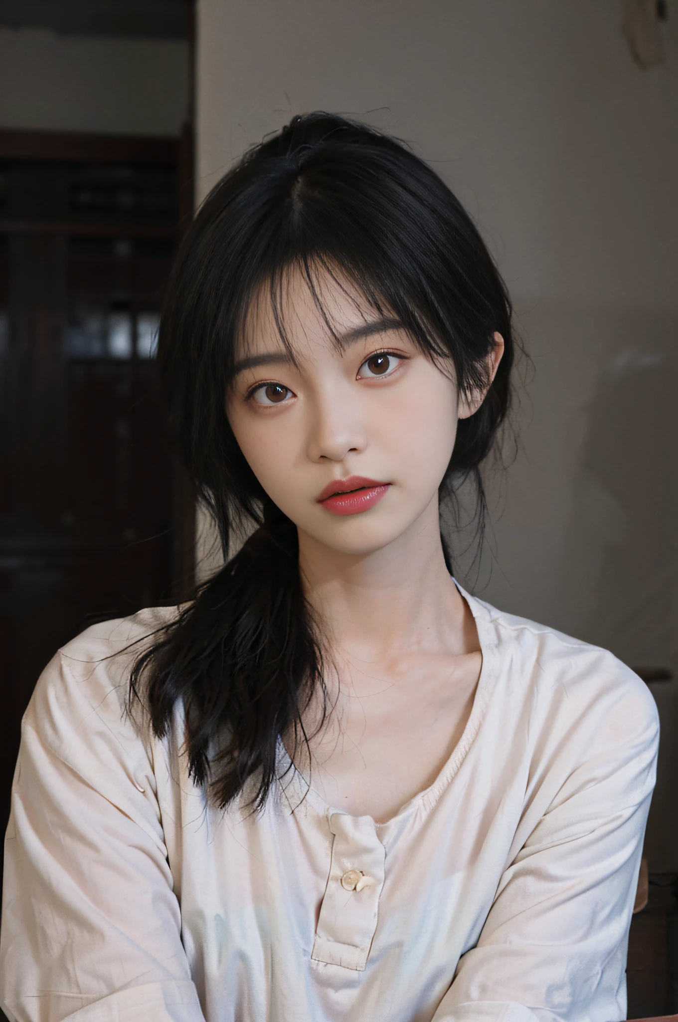 Temperament girl, delicate facial features, bangs, brown ponytail, messy hair, hair is very realistic, wearing a pink unbuttoned shirt, the background is a large painting, sea view, Du Qiong, exquisite makeup, light red lips, big eyes, double eyelids, black holes, bright eyes, symmetrical face, very real face, narrow waist, thighs, meticulously portraying the girl's face, blush, super high appearance, looking at the audience, very realistic skin, skin oil reflection, artwork, clothes have a real fabric texture, Realistic painting, cinematic style, photography level, ray tracing, realistic light and shadow effects, realism, masterpiece, like the top photography effect, 8K