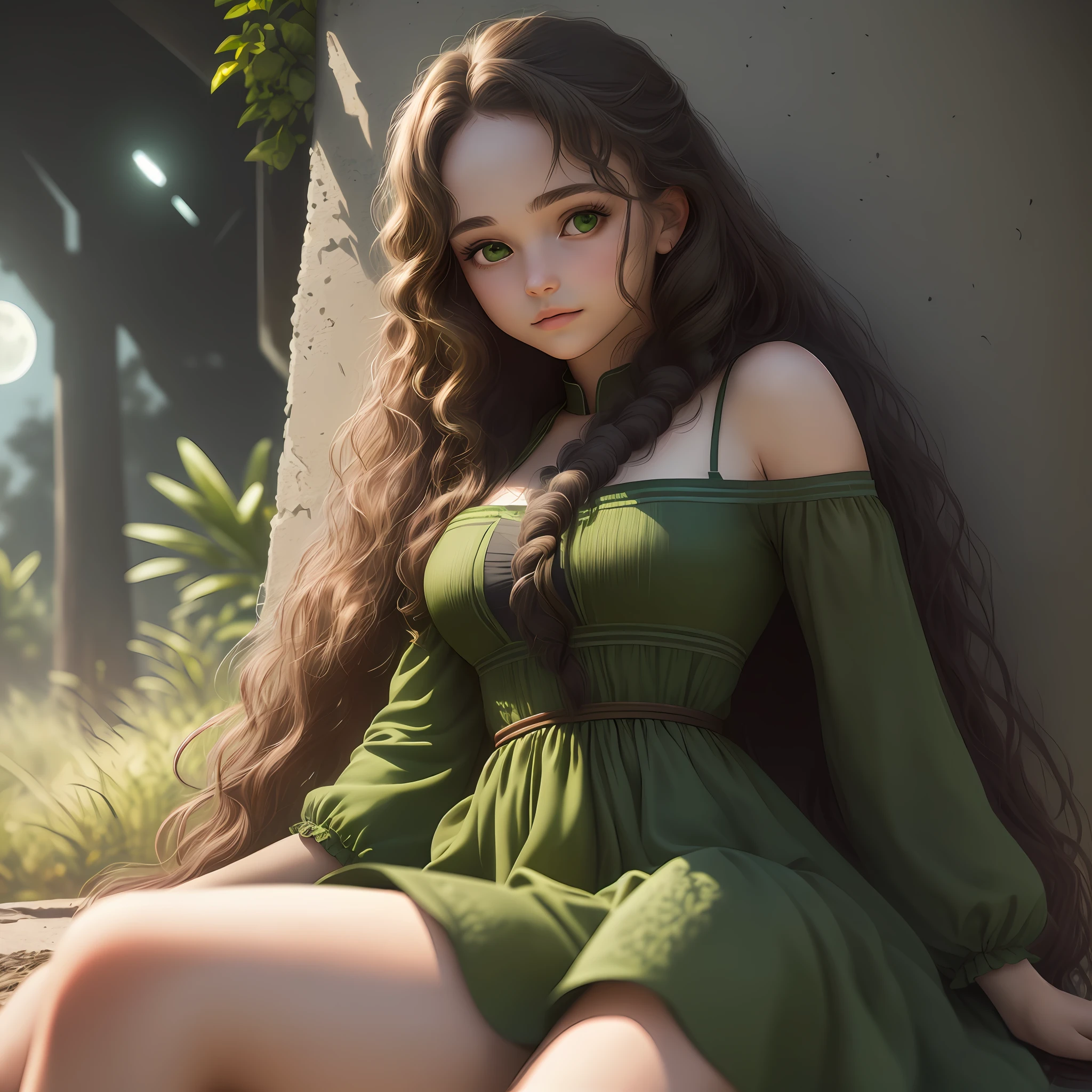 solo (((26-year-old girl))) with ((long brown curly hair)) (hair detailing) and ( (clear dark green eyes)), ((portrait)), BREAK, ((put on a green-synthetic dress)) (dress detailing), (young girl detailing), (Bonifasco lighting detailing), (deta(skin detailing), BREAK, ((sitting in the community on full moon night)), (cinematic lighting), ((detailed background)), ((large angle view)), (three-quarter view))), (half body shadow), [back light],  [Twilight Ray], [Detailed Ambient Light], [Natural Gray Light], [General Belly Light], (High Wild Wildlife Detail), [Realistic Proportions], [Explicit Content], [Sharp Focus], (Questionable Content), (Shaded), ((Masterpiece)), BREAK