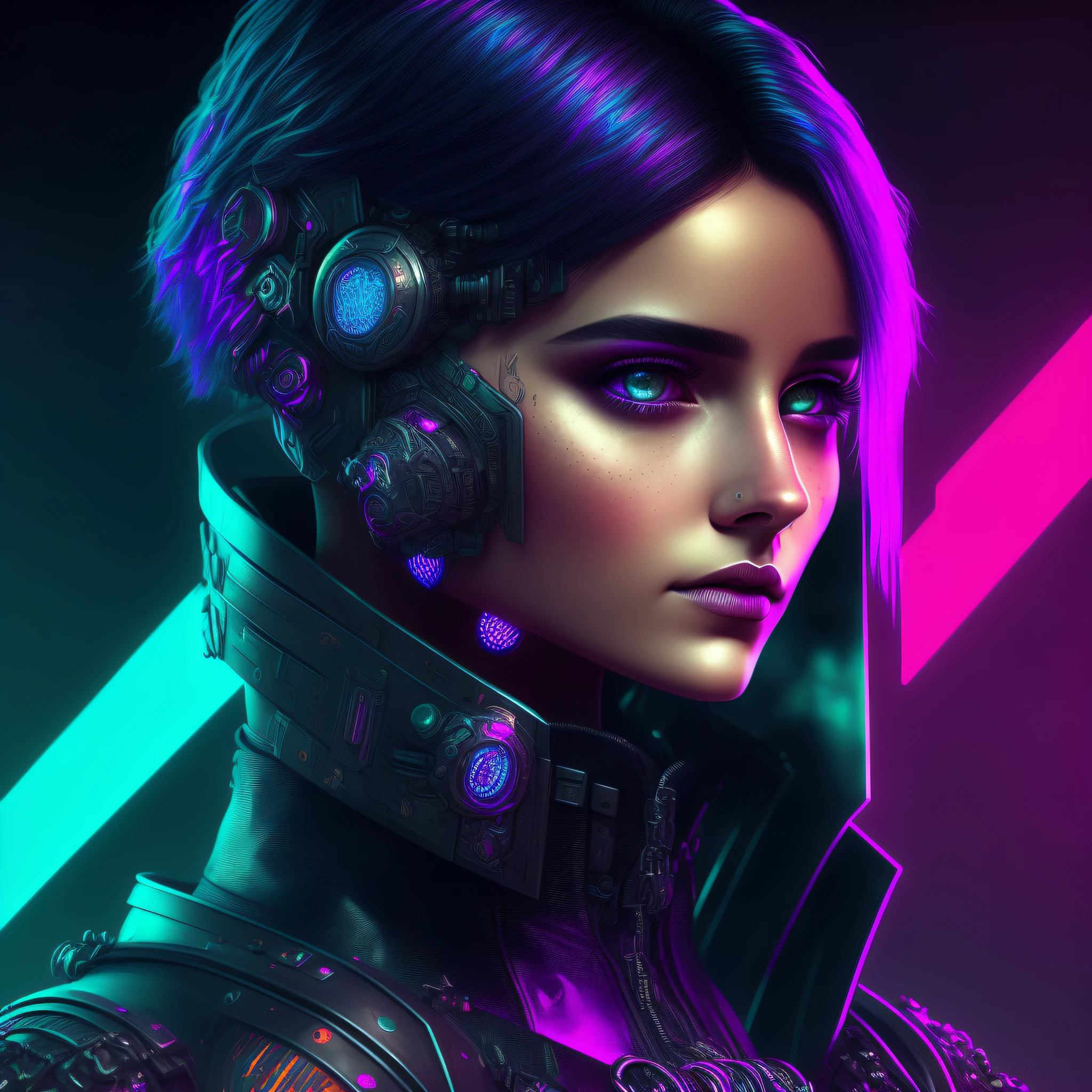 ((1 girl)), perfect, short hair, nose piercing, detailed medieval portrait of cyberpunk style, futuristic (neon: 1.1) reflective wear, science fiction. artgern, art, illustration, ((dark environment)), ((vegnette)), ((HDR)) ((minimal palette colors)), soft tones, soft colors, faint colors, calm, highly detailed pastel colors, intricate details, no bugs