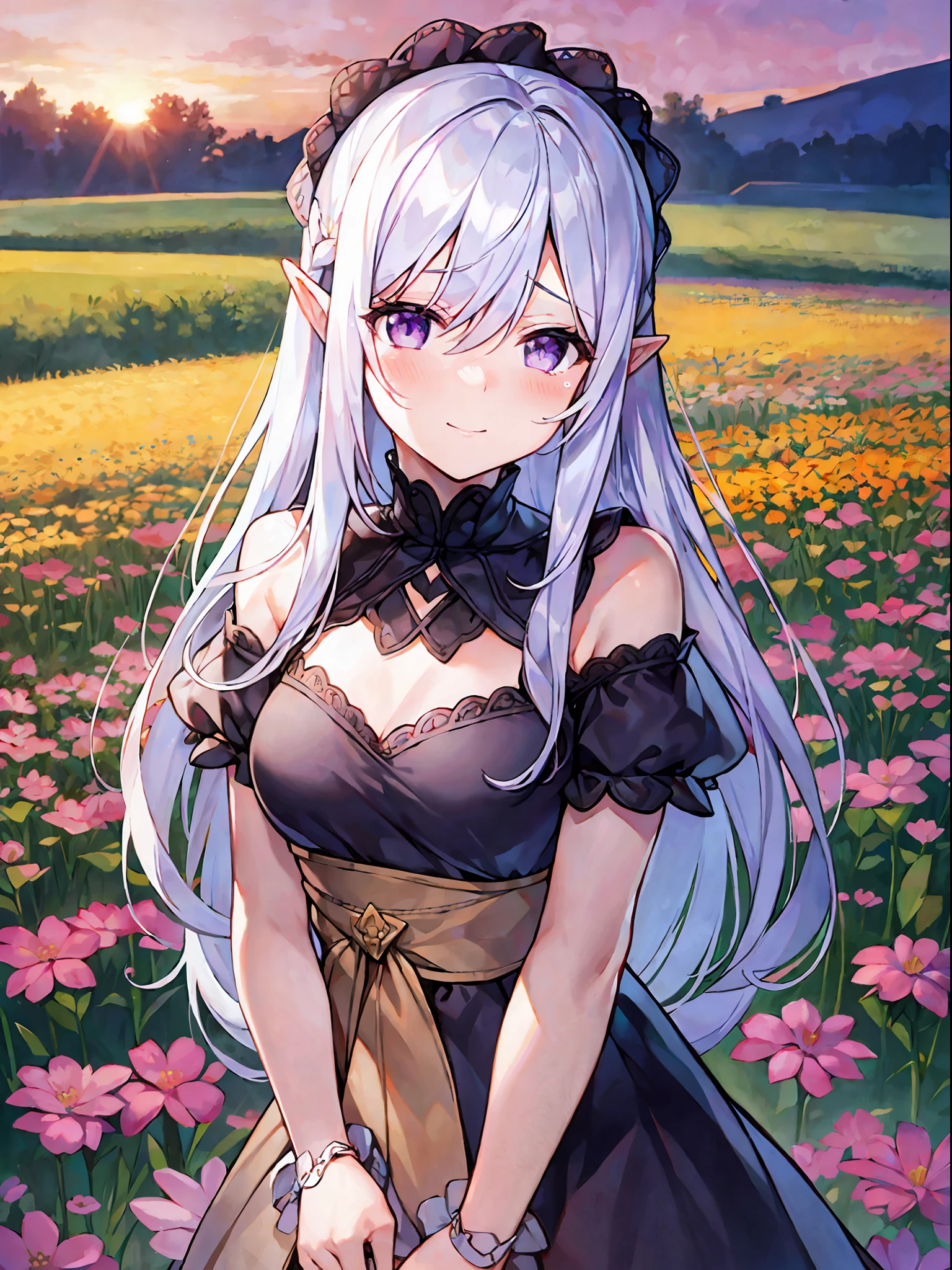 1girl, ((medium-small breasts)), standing in a flower field, (((happy))), crying, happy tears, tears, crying with eyes open, smile, ((full-face blush)), (thin eyebrows:-1), ((straight hair)), (hair intakes:1), white hair, (very long hair), purple eyes, (pointy ears), (((from front))), close-up, ((sunset)), flower field, meadowlands, masterpiece,