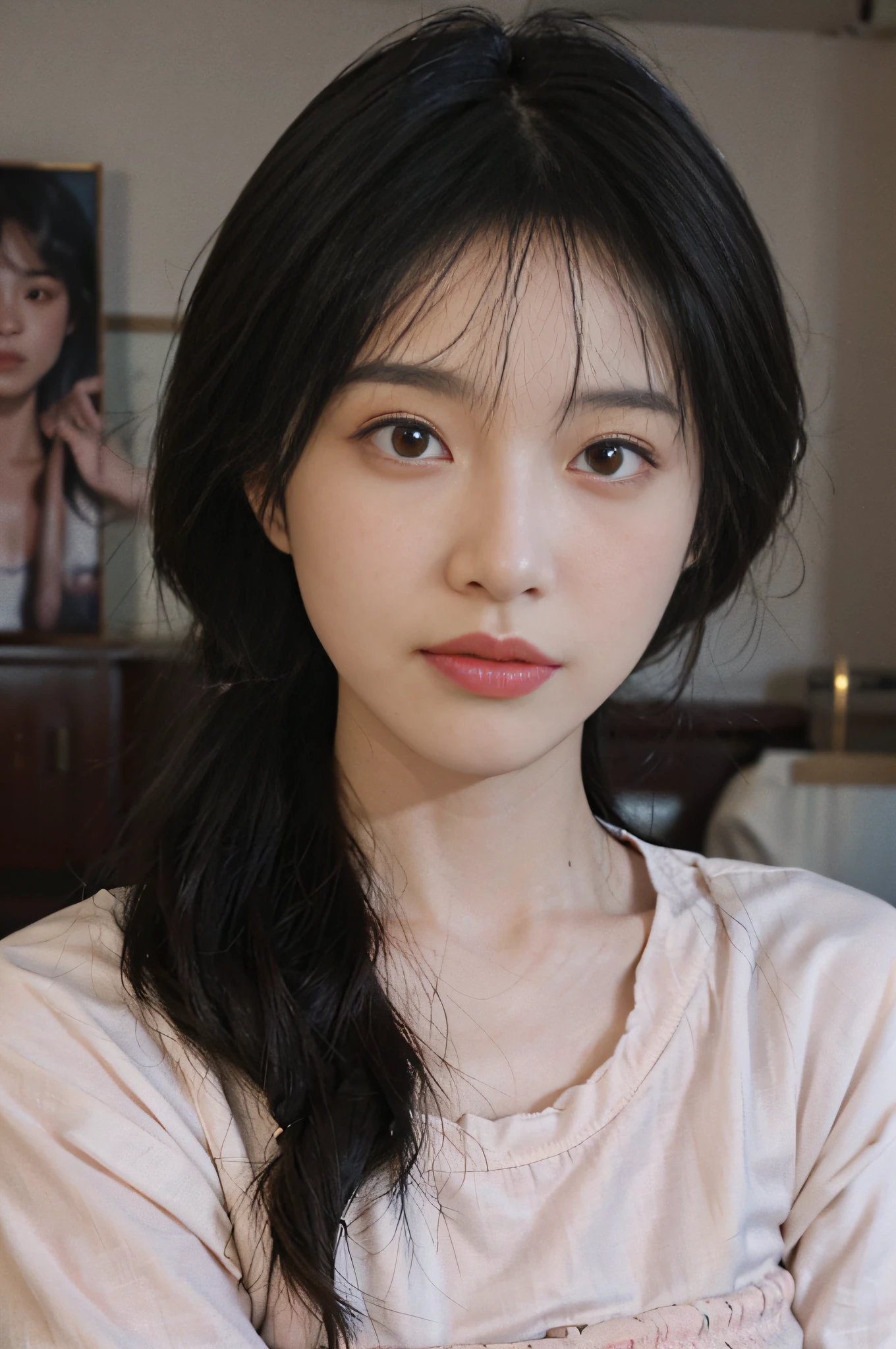 Temperament girl, delicate facial features, bangs, brown ponytail, messy hair, hair is very realistic, wearing a pink tight dress, the background is a large painting, sea view, Du Qiong, exquisite makeup, light red lips, big eyes, double eyelids, black holes, bright eyes, symmetrical face, very real face, narrow waist, thighs, meticulously portraying the girl's face, blush, super high appearance, looking at the audience, very realistic skin, skin oil reflection, artwork, clothes with real fabric texture, realistic painting , cinematic style, photography level, ray tracing, realistic light and shadow effects, realism, masterpiece, like the top photography effect, 8K