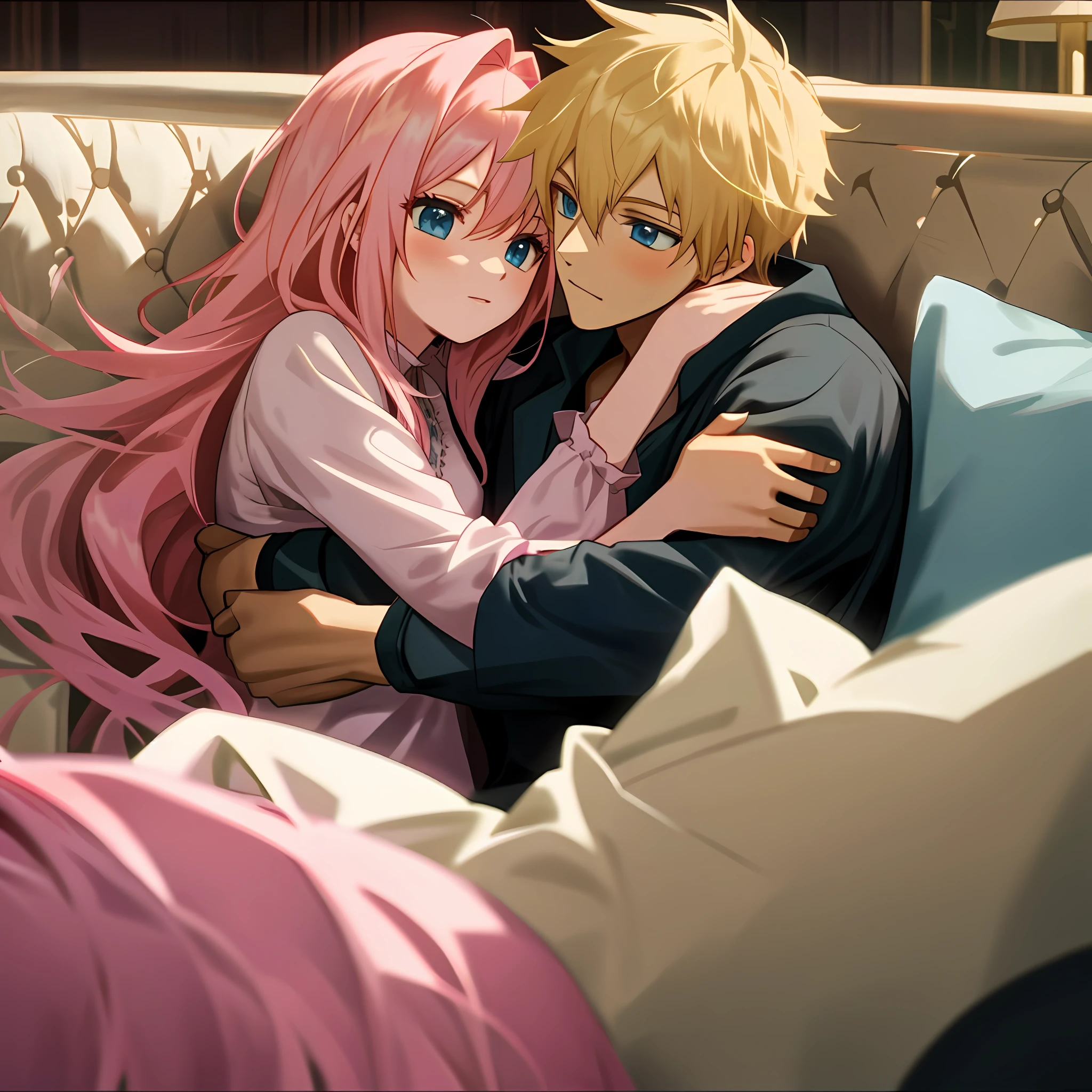 On a sofa, a girl with pink hair and blue eyes lay in the arms of a blonde boy, two people