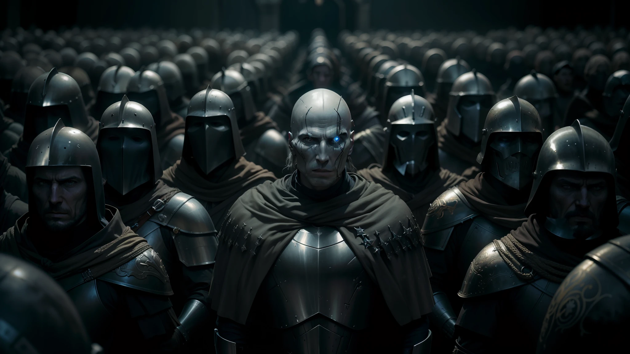 a close up of a group of people wearing armor and helmets, film still of voldemort, lecouffe deharme, pilgrimage, giant crowd, silver insignia, morningstar, full faces, member of the endless