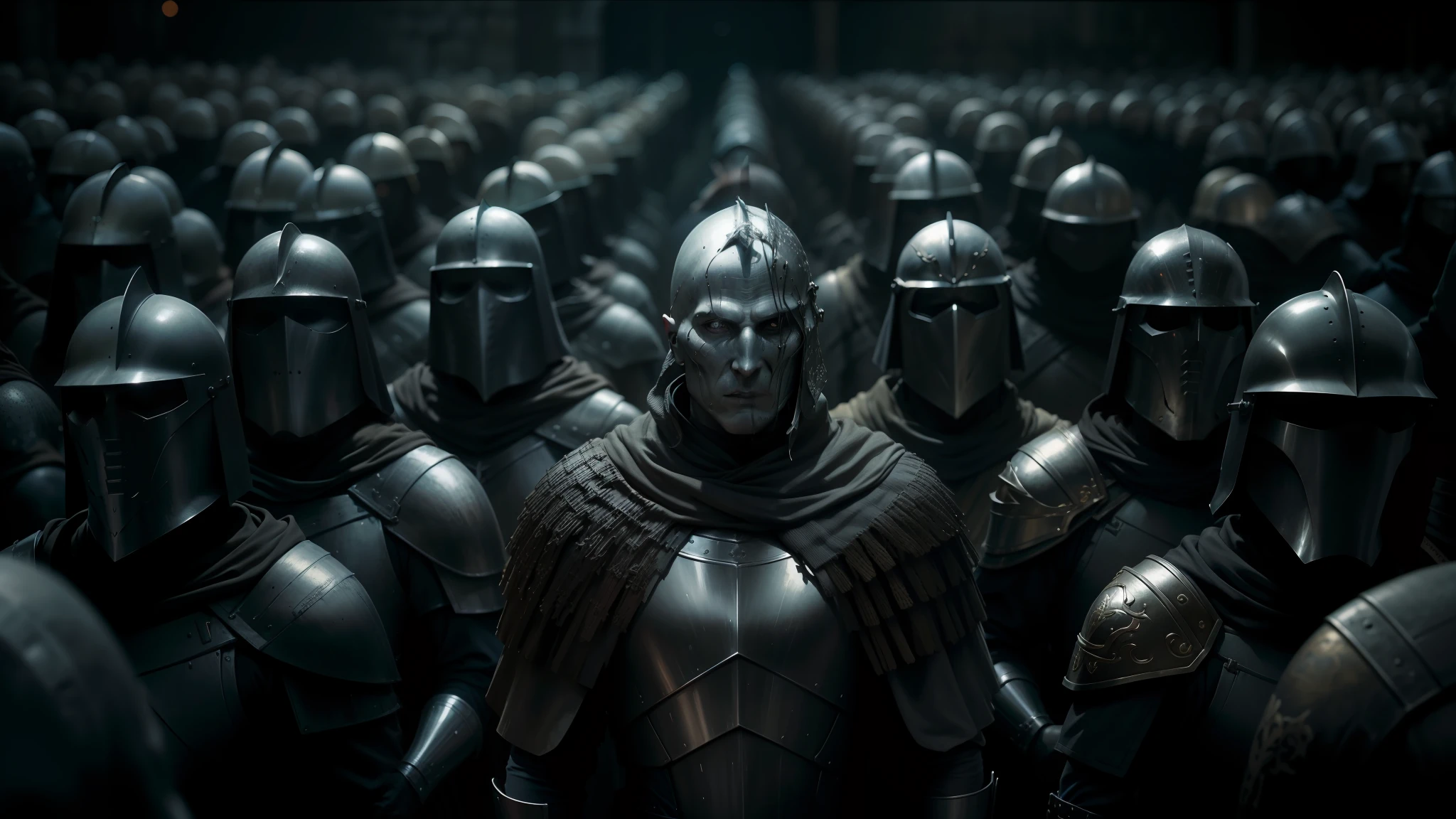 a close up of a group of people wearing armor and helmets, film still of voldemort, lecouffe deharme, pilgrimage, giant crowd, silver insignia, morningstar, full faces, member of the endless