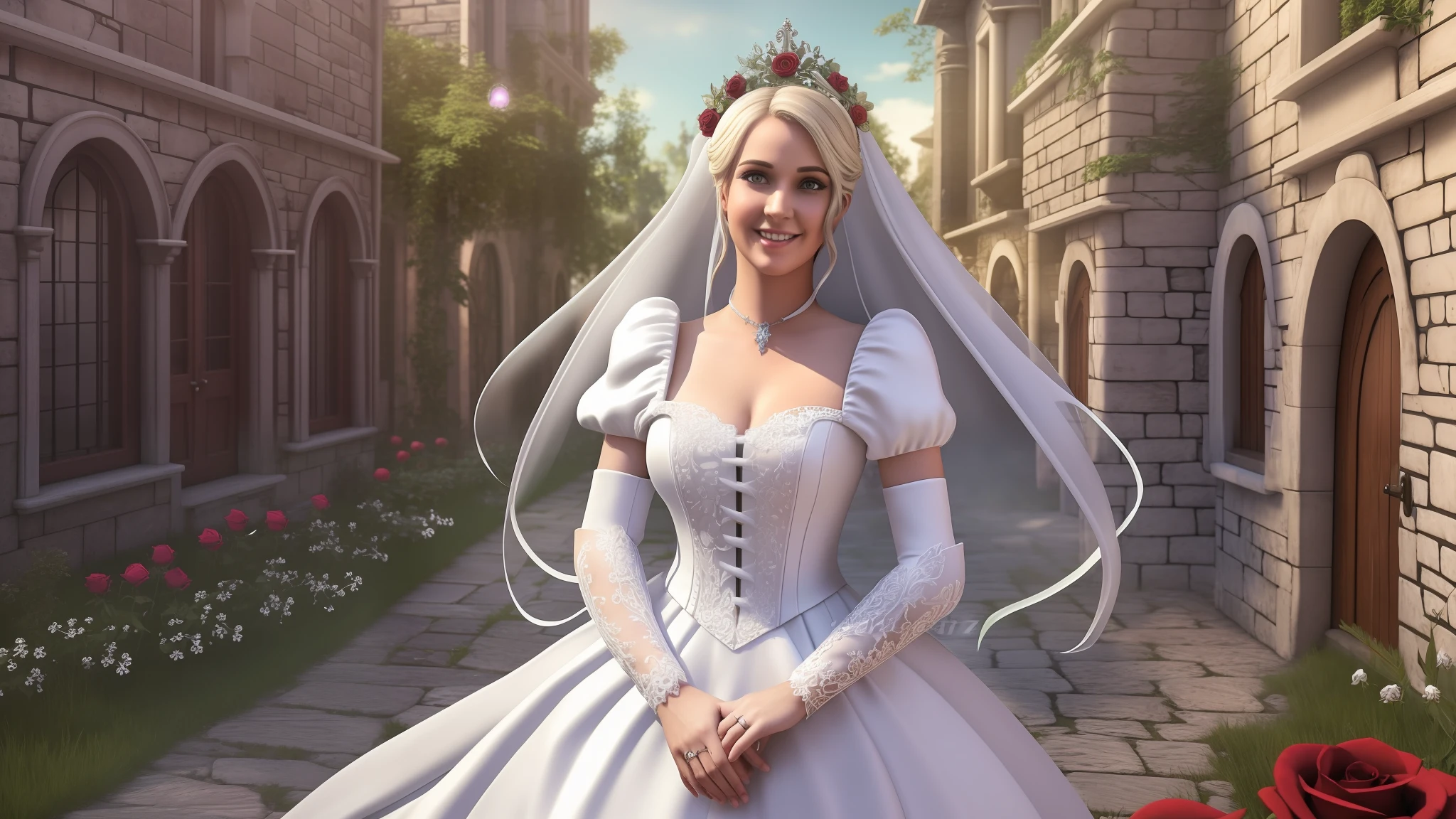 Cinematic Shot, photorealistic,Gothic style,princess,smile,pure white princess dress,beautiful and delicate face,large area of red roses,Surrounding Knights,The background is a medieval street, Front view,insane details, cheerful atmosphere, cinematic lighting, blender,POV VIEW,panorama Shot,Front view, dynamic lens, insane details, cinematic lighting, blender, C4D, UHD expressive