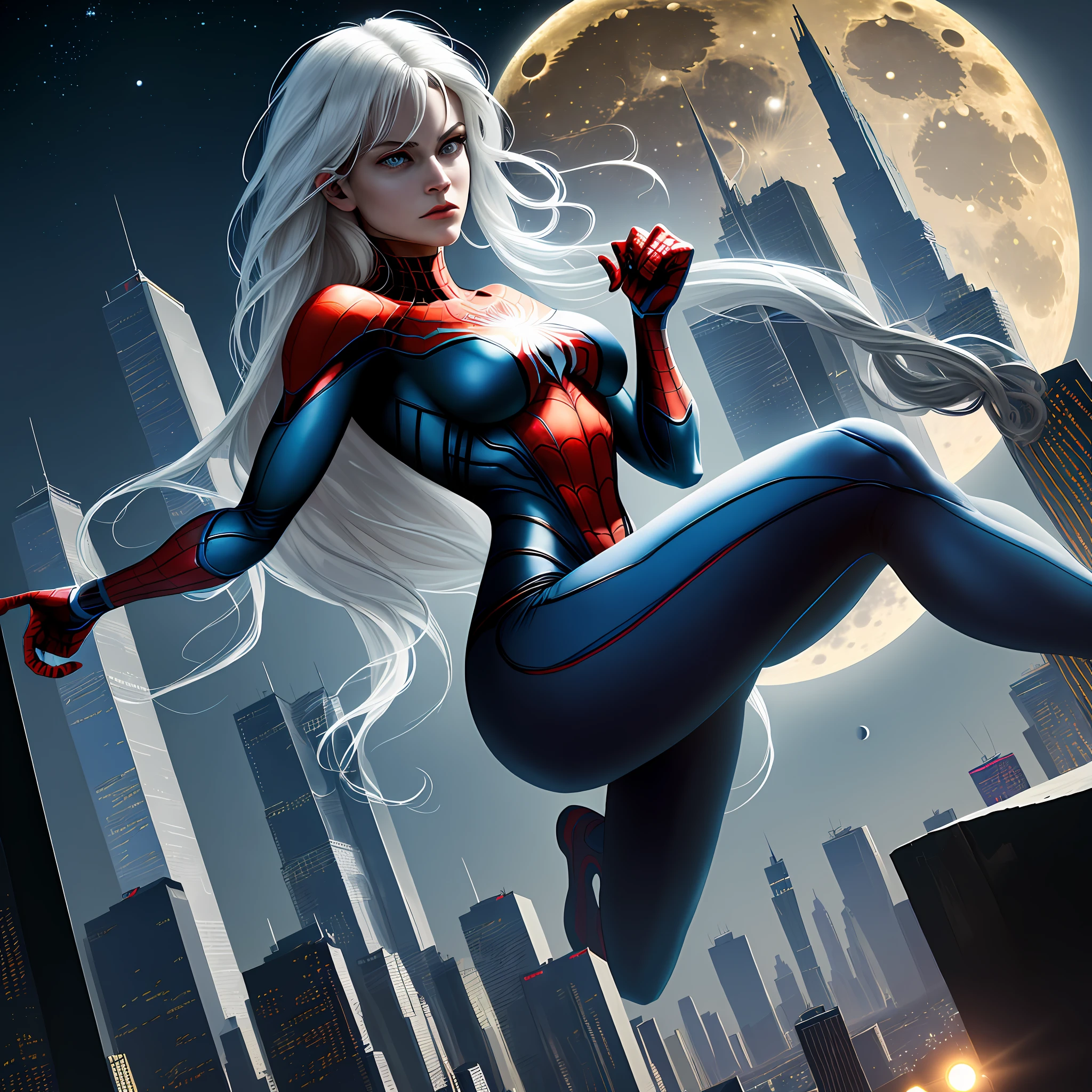 (Masterpiece, 4k resolution, ultra-realistic, very detailed), (White superhero theme, charismatic, there's a girl on top of town, wearing Spider-Man costume, she's a superhero), [ ((25 years), (long white hair:1.2), full body, (blue eyes:1.2), ((Spider-Man pose),show of strength, jumping from one building to another), ((sandy urban environment):0.8)| (cityscape, at night, dynamic lights), (full moon))] # Explanation: The Prompt mainly describes a 4K painting of ultra-high definition, very realistic, very detailed. It shows a superheroine at the top of the city, wearing a Spider-Man costume. The theme in the painting is a white superhero theme, the female protagonist has long white hair, is 25 years old and her entire body is shown in the painting. In terms of portraying the actions of superheroines, spiders are employed
