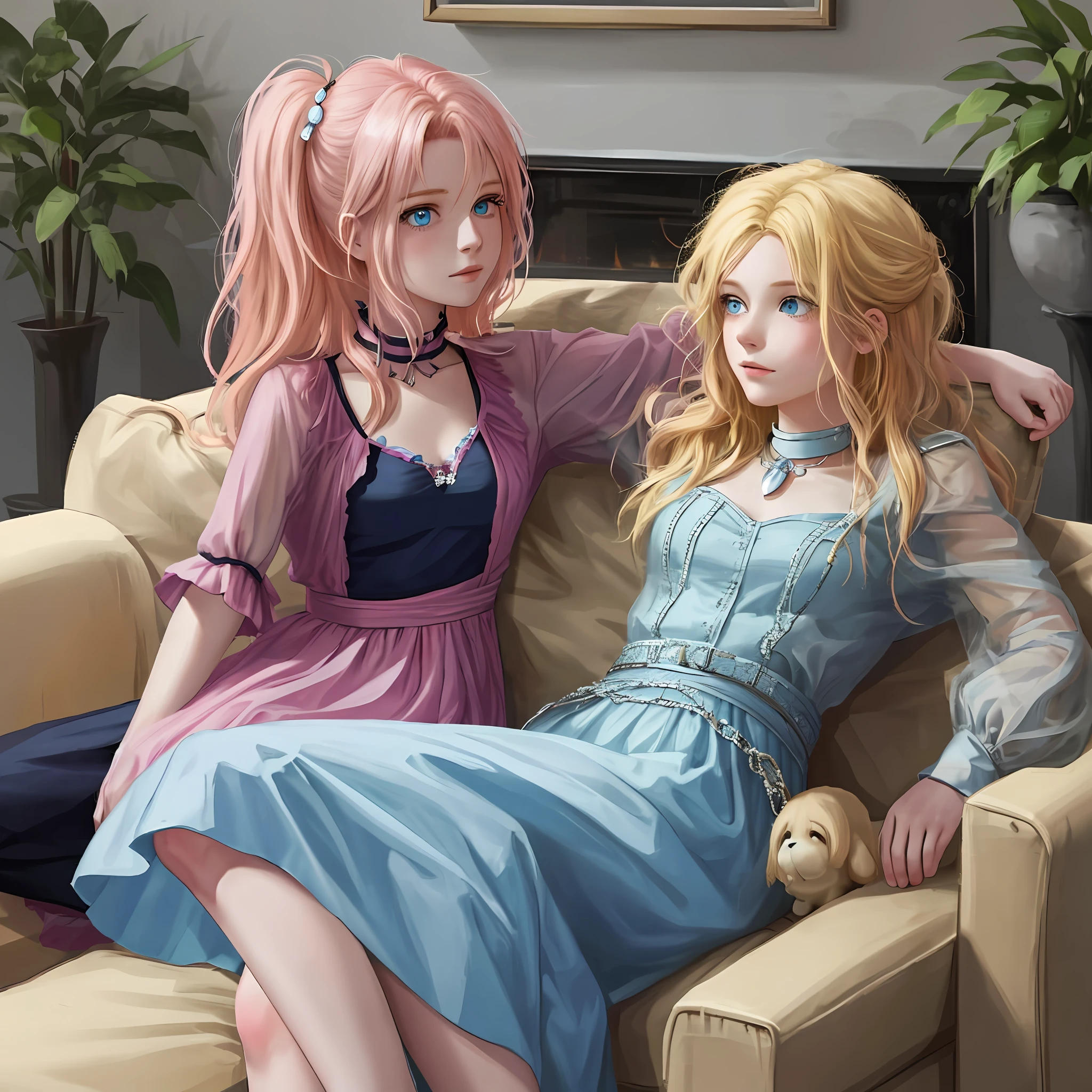 On a sofa, a girl with pink hair and blue eyes lay in the arms of a blonde boy, two people