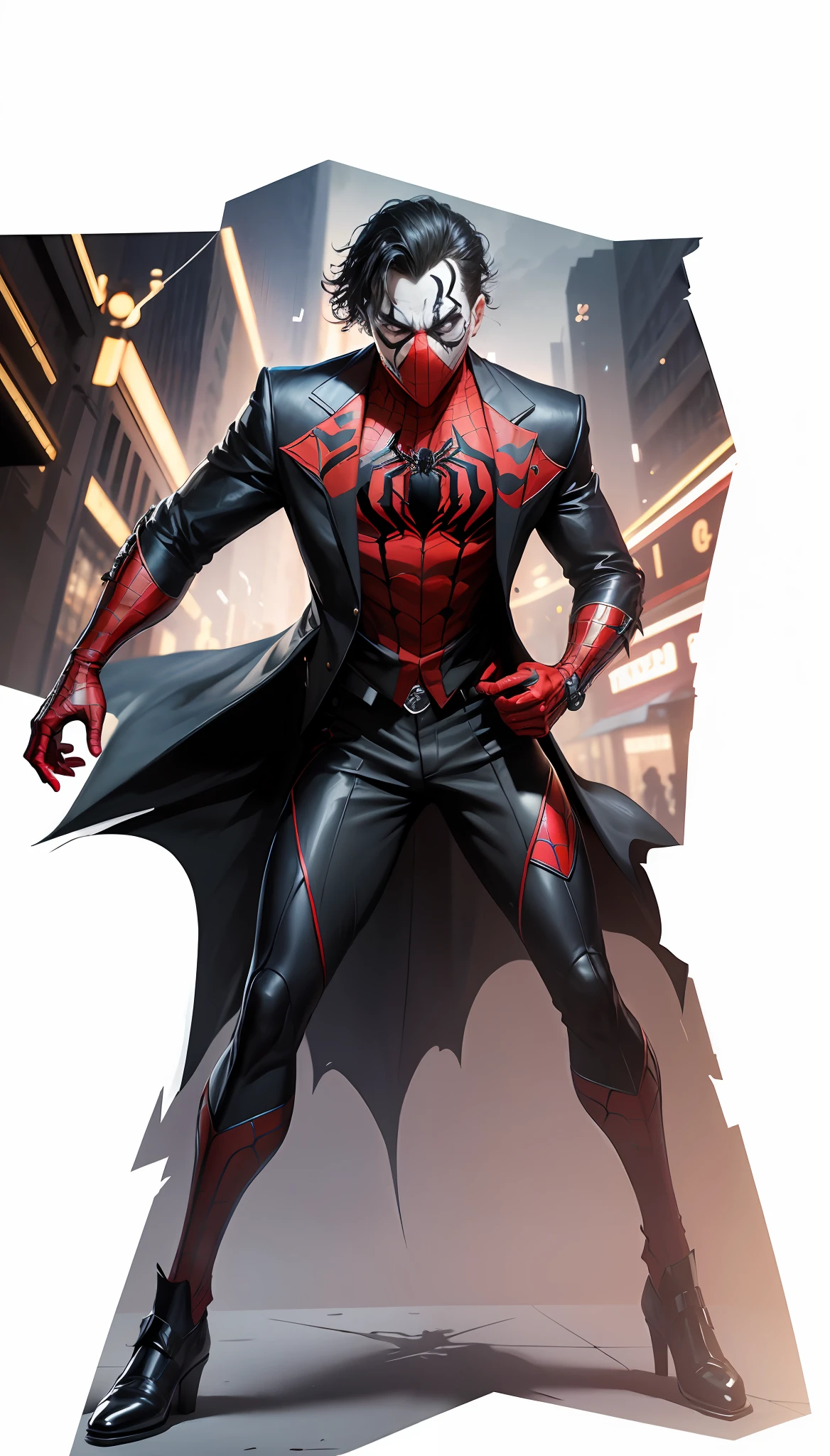8k, realistic, charismatic, very detailed, Joker, Spider-Man, symbiote, superhero theme, full body, ray-traced images of Arthur Pan, trends on Artstation, digital art, red and cinematic lighting, dramatic shadows and beautiful vivid colors capture scenes. Romantic art style, suit, Spider-Man suit, Spider-Man logo, flat perspective, character standing painting, clown mask,