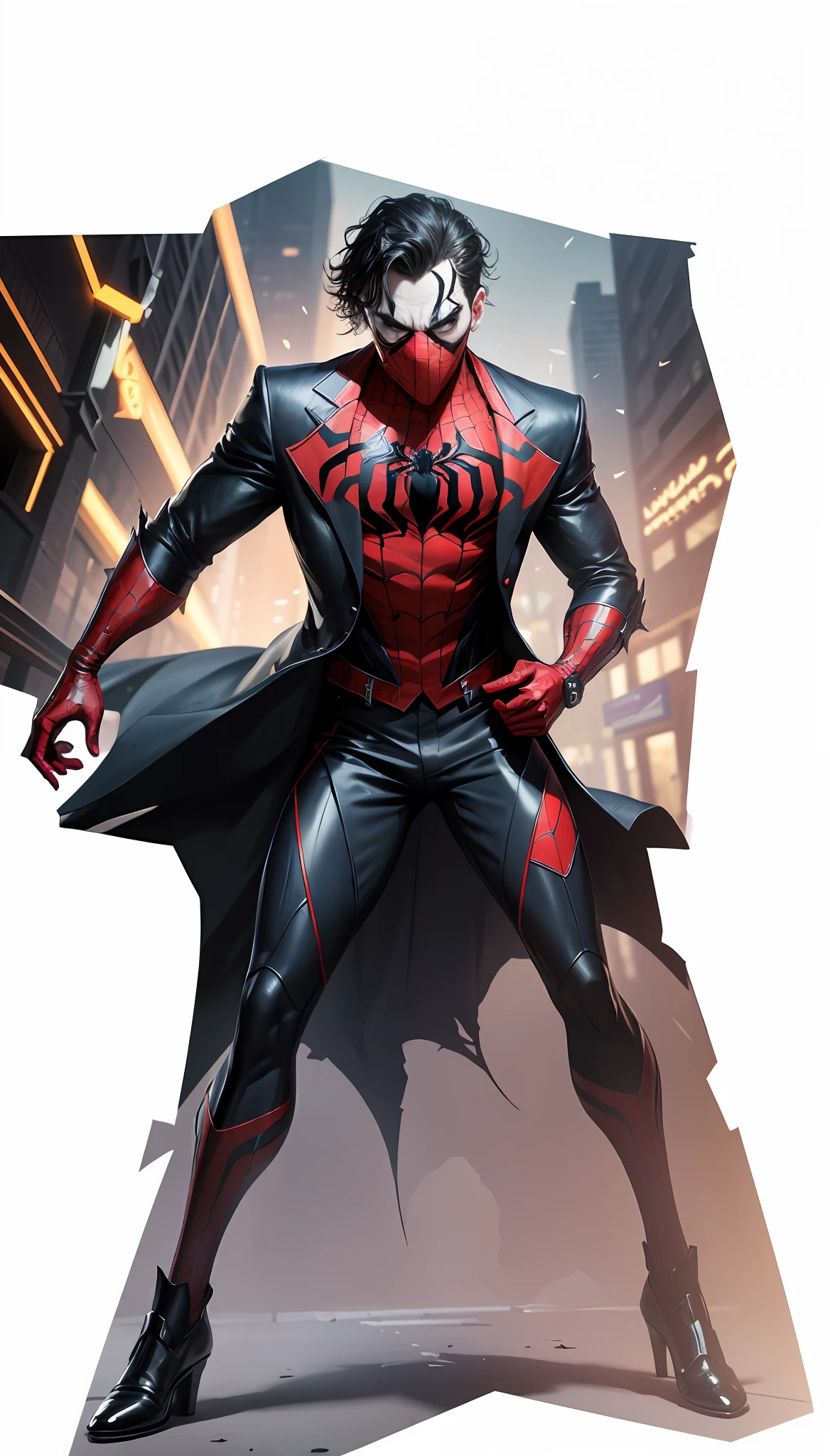 8k, realistic, charismatic, very detailed, Joker, Spider-Man, symbiote, superhero theme, full body, ray-traced images of Arthur Pan, trends on Artstation, digital art, red and cinematic lighting, dramatic shadows and beautiful vivid colors capture scenes. Romantic art style, suit, Spider-Man suit, Spider-Man logo, flat perspective, character standing painting, clown mask,