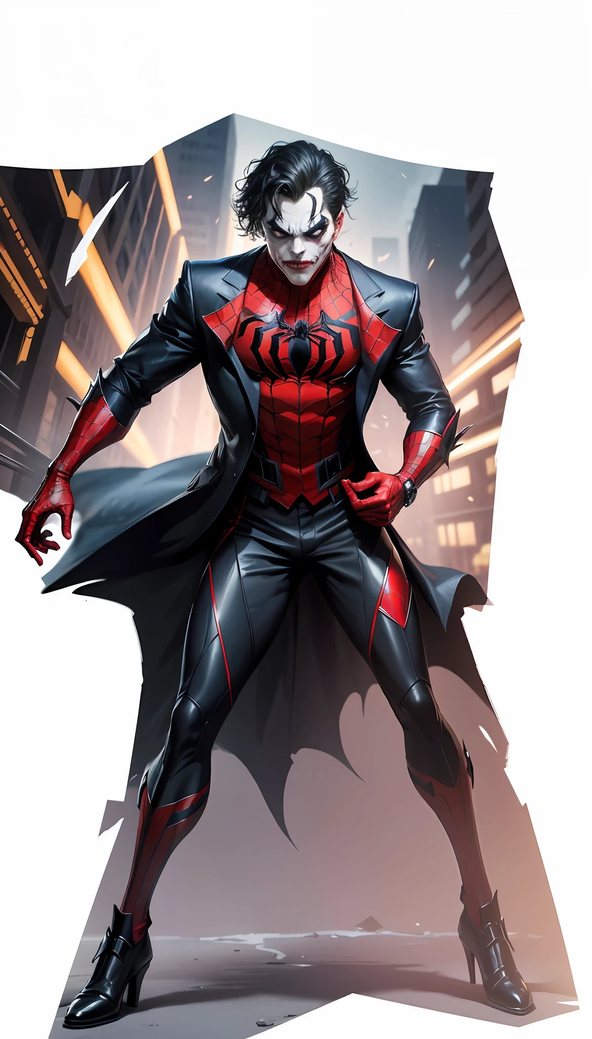 8k, realistic, charismatic, very detailed, Joker, Spider-Man, symbiote, superhero theme, full body, ray-traced images of Arthur Pan, trends on Artstation, digital art, red and cinematic lighting, dramatic shadows and beautiful vivid colors capture scenes. Romantic art style, suit, Spider-Man suit, Spider-Man logo, flat perspective, character standing painting, clown mask,