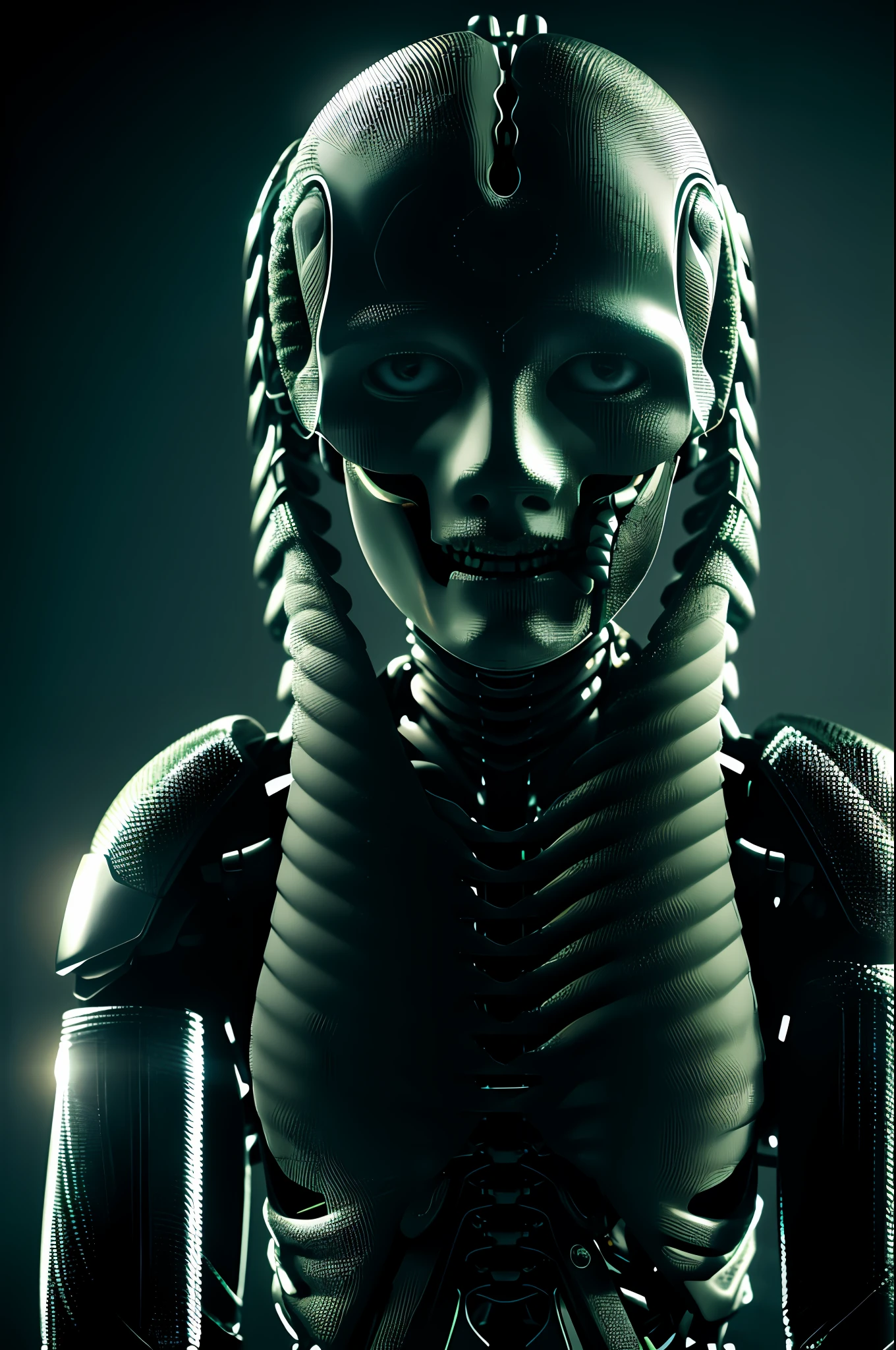 1mechanical girl,((ultra realistic details)), portrait, global illumination, shadows, octane render, 8k, ultra sharp,metal,intricate, ornaments detailed, cold colors, egypician detail, highly intricate details, realistic light, trending on cgsociety, glowing eyes, facing camera, neon details, machanical limbs,blood vessels connected to tubes,mechanical vertebra attaching to back,mechanical cervial attaching to neck,sitting,wires and cables connecting to head
