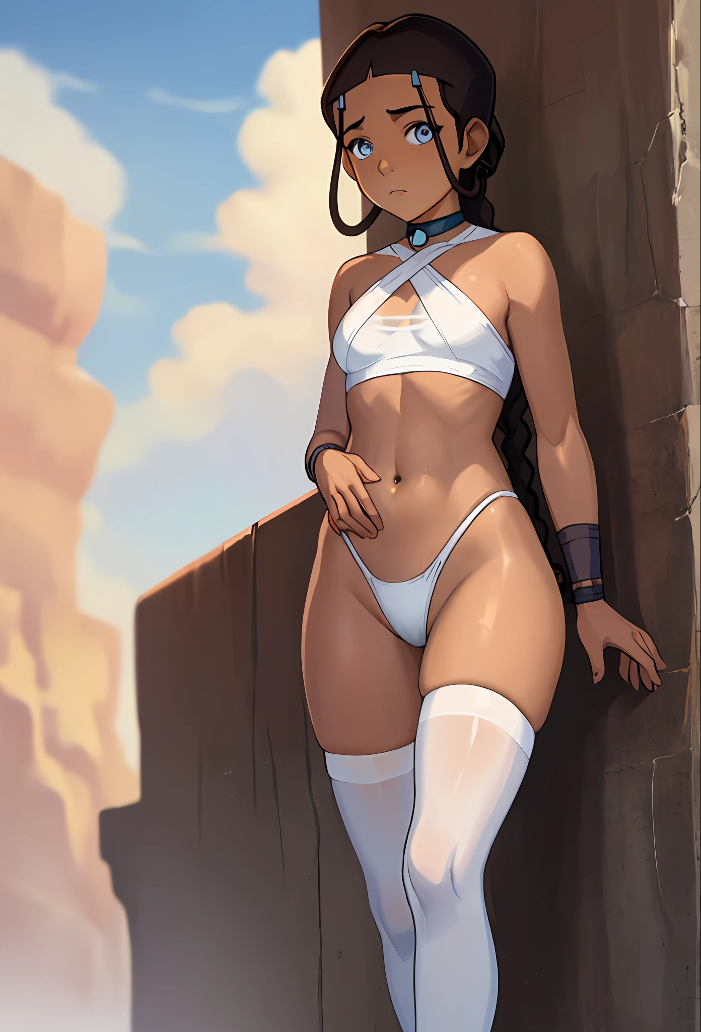 masterpiece, best quality, 1girl, katara, toned, dark skin, braid, jewelry, looking at viewer, tiny white thin string bikini top, breast slip, string white wet thong, long legs, thigh high socks, sunshine, no panties, blue eyes, exposed small breasts, dripping wet