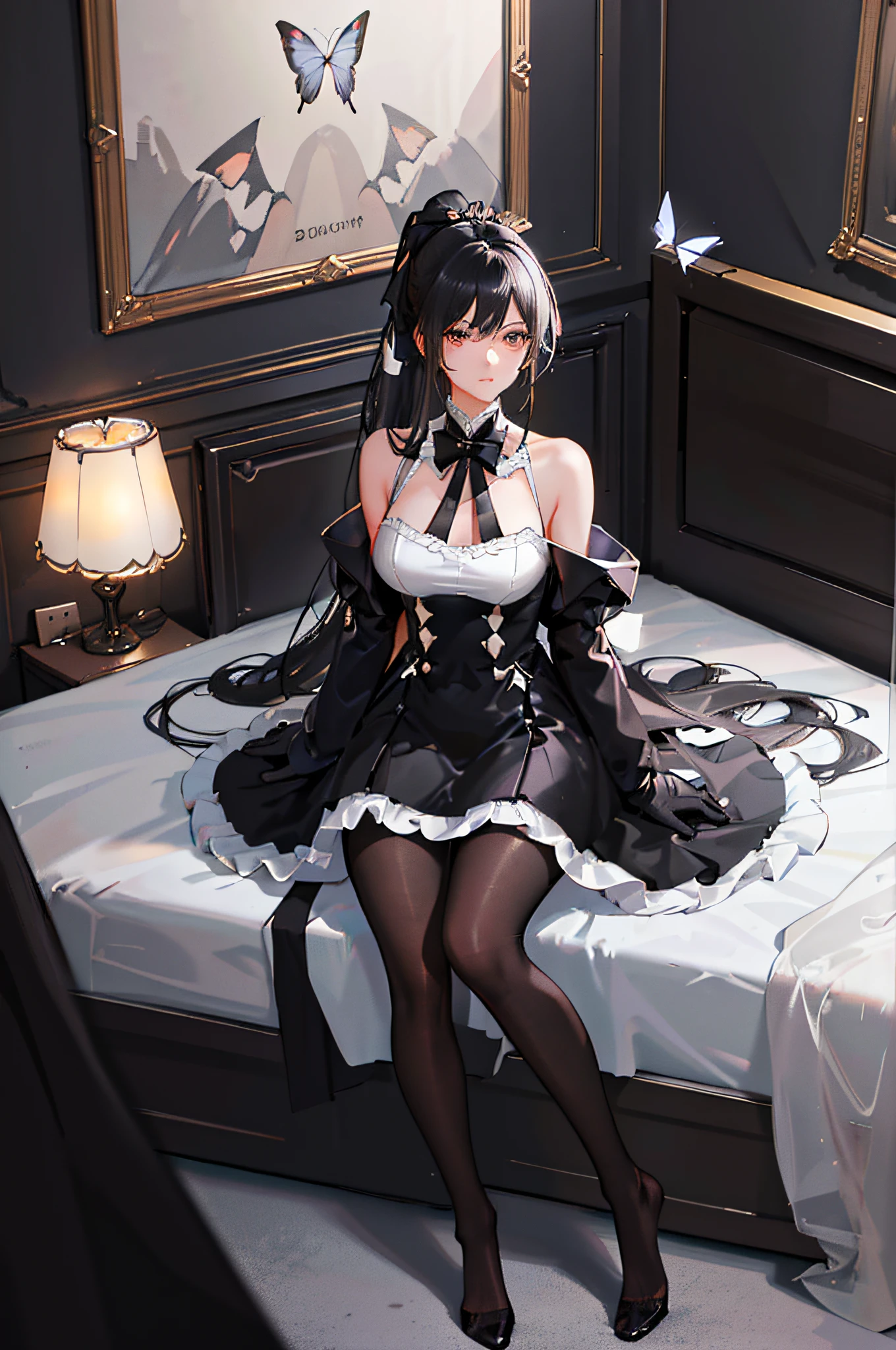 (((1 girl)),ray tracing,(dim lighting),[detailed background (bedroom)),((black hair)),((black hair)),(black hair)),(fluffy white hair, plump slender girl)) with high ponytail)))) Avoid golden eyes in the ominous bedroom (((girl wearing white butterfly dress with pantyhose) and black gloves), showing a delicate slender figure and graceful curves, correct limbs, sitting alone on the bed