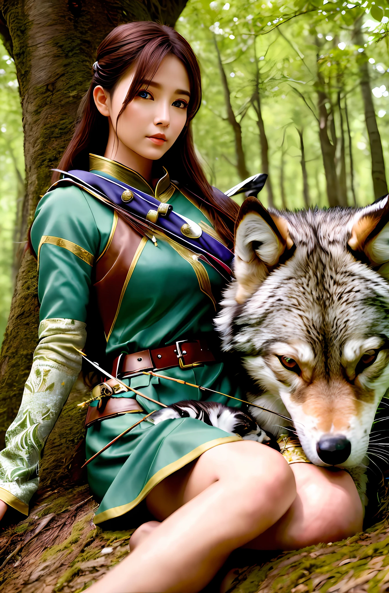 (16k, masterpiece, best quality), ultra-detailed, detailed beautiful round eyes, beautifully detailed face, high quality, high resolution, a female archer resting under a tree with her pet wolf, wearing archer outfit, mature woman, forest background, nature, summer, calm, side view