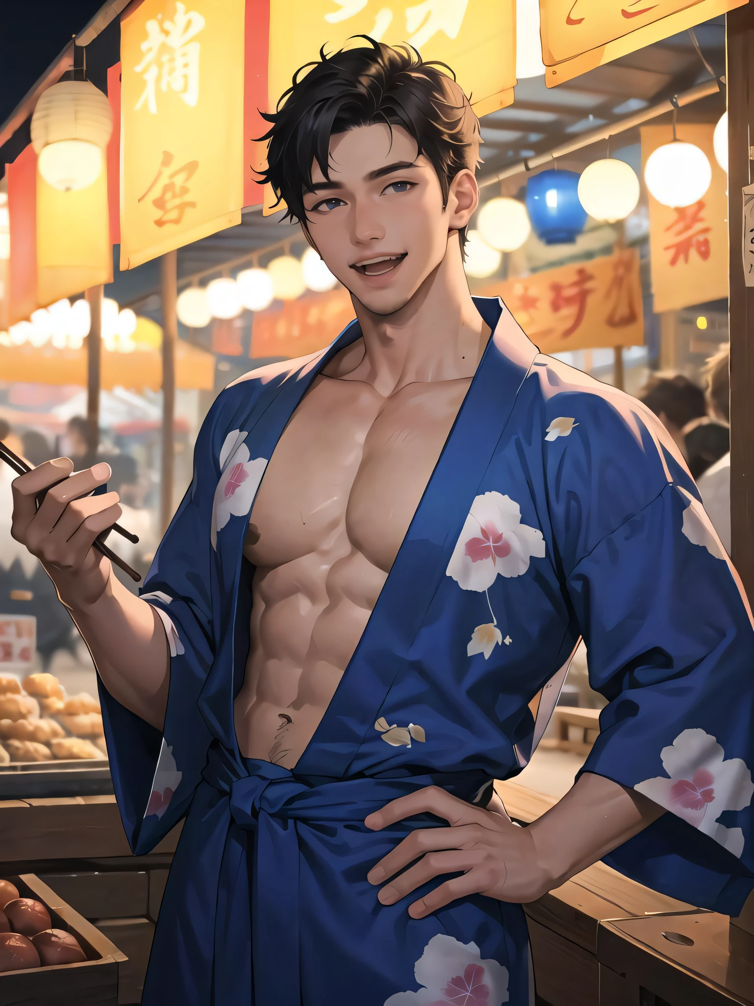 best quality, masterpiece, highres, 1boy, male focus, solo, bishounen, hand on hip, pectoral cleavage, looking at viewer, smile, open mouth, summer festival, market stall, paper lantern, blue yukata, beautiful lighting, handsome, male, highly detailed