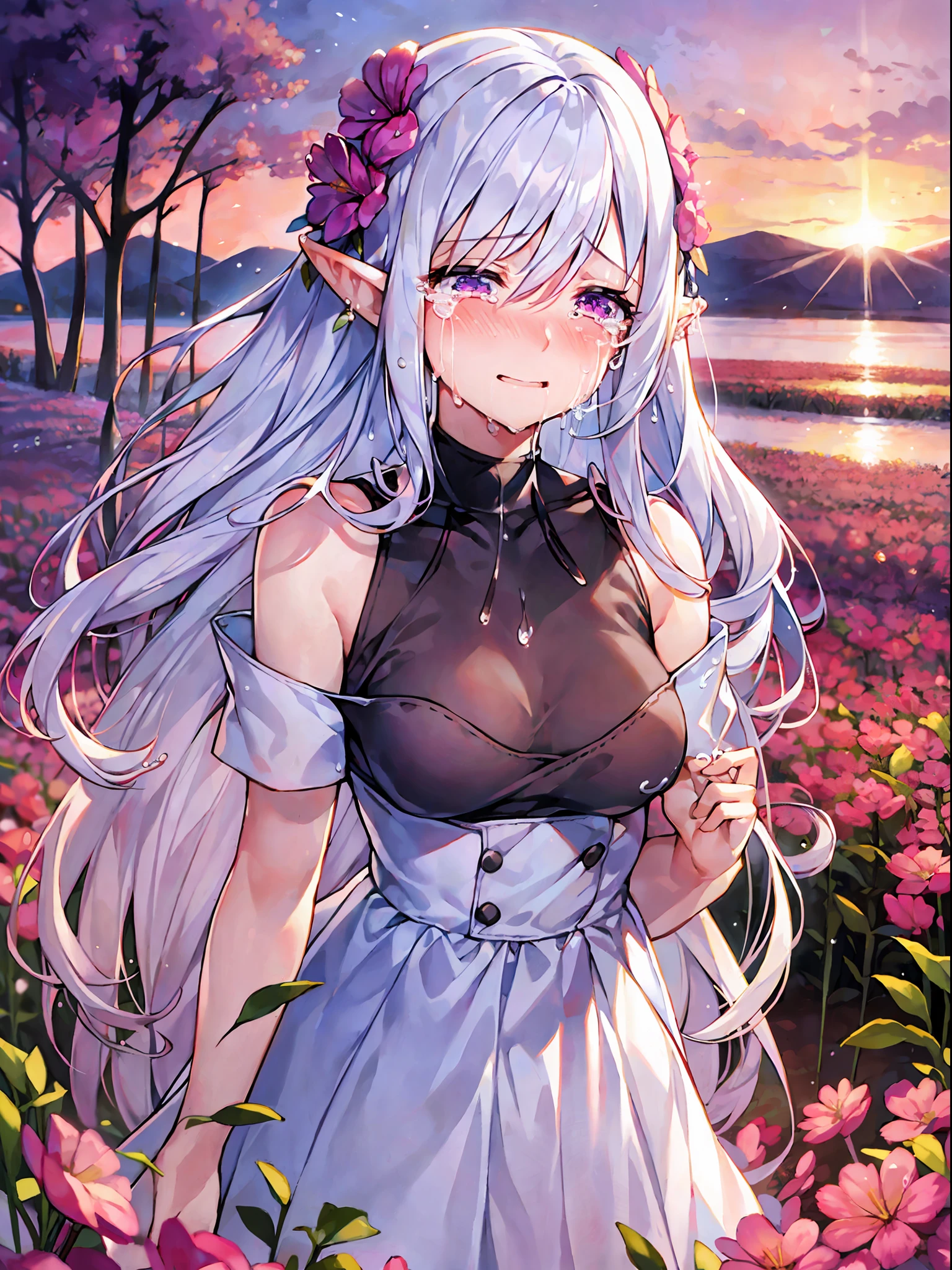 1girl, ((medium-small breasts)), standing in a flower field, ((happy)), (crying:1.7), (((happy tears))), tears, crying with eyes open, smile, ((full-face blush)), (thin eyebrows:-1), ((straight hair)), (hair intakes:1), white hair, (very long hair), purple eyes, (pointy ears), (((from front))), close-up, ((sunset)), flower field, meadowlands, masterpiece,
