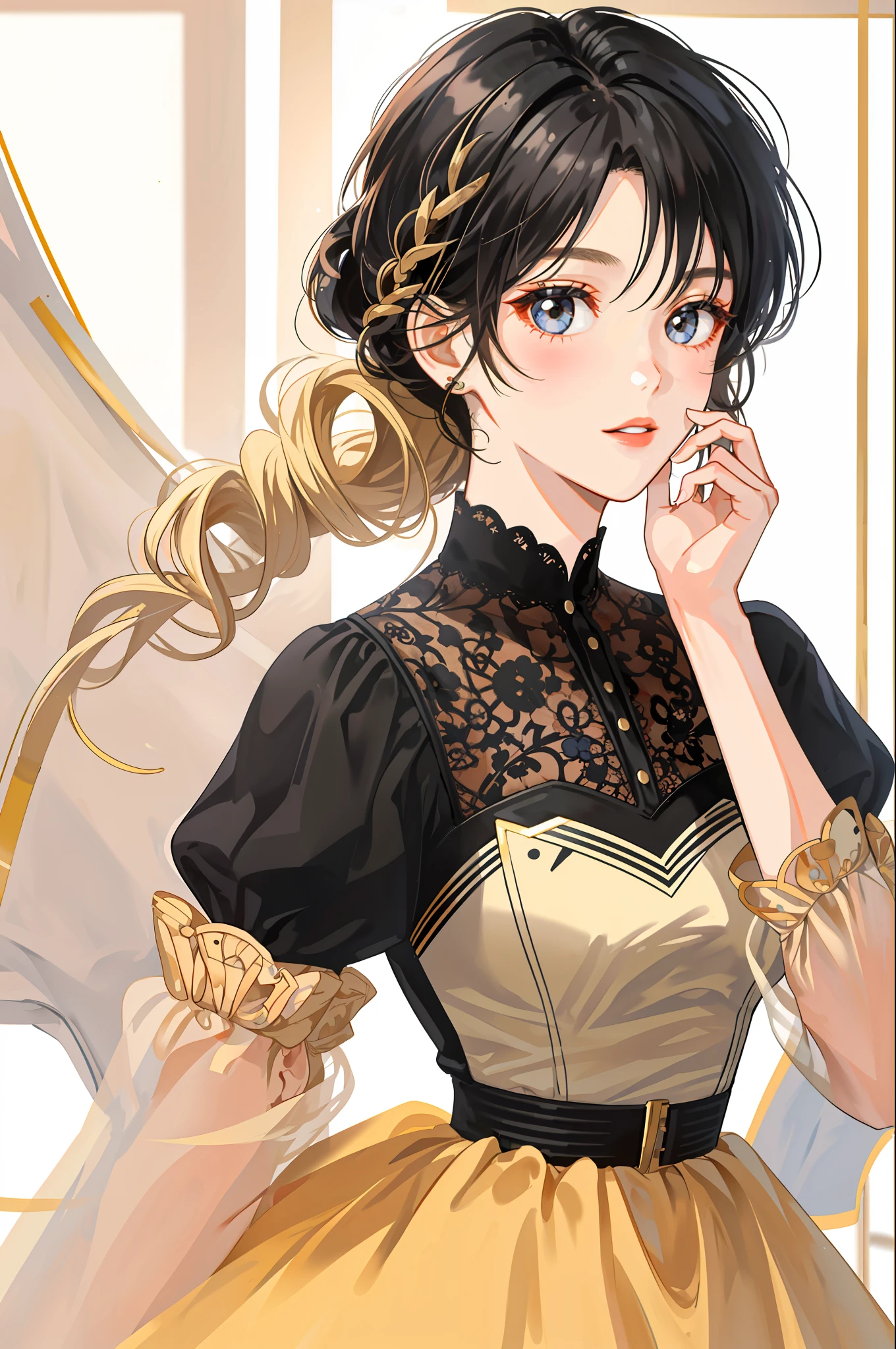 Black-haired girl with kisses another blonde girl, high quality, highly detailed, masterpiece, kiss