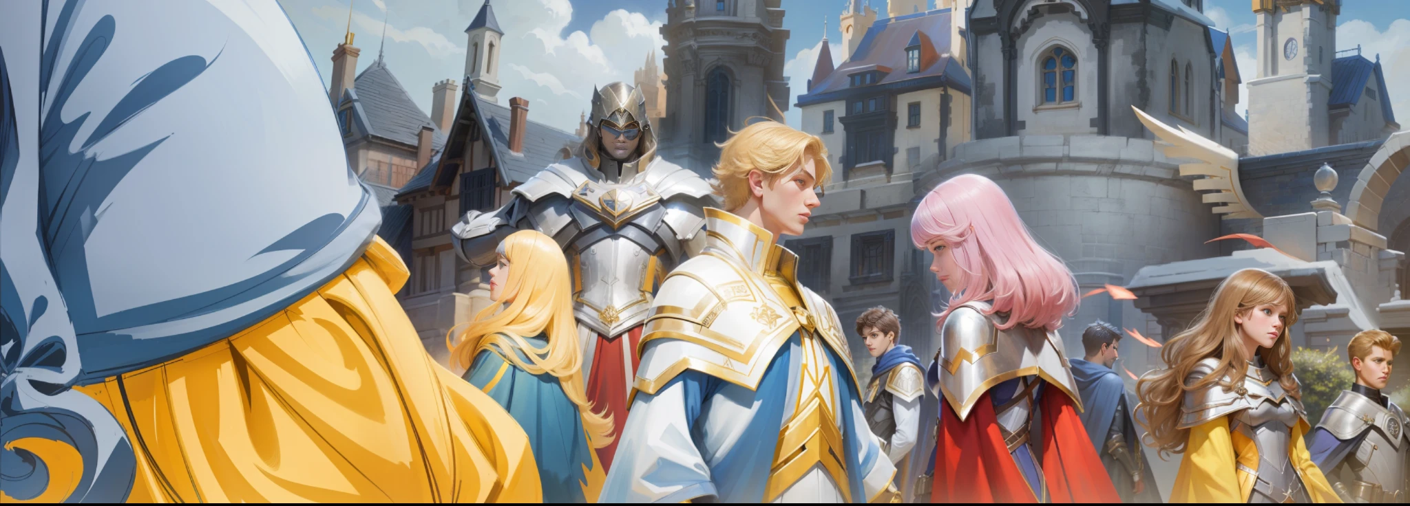 A group of agers in capes, soft lighting, European architectural background, HD, Disney style,