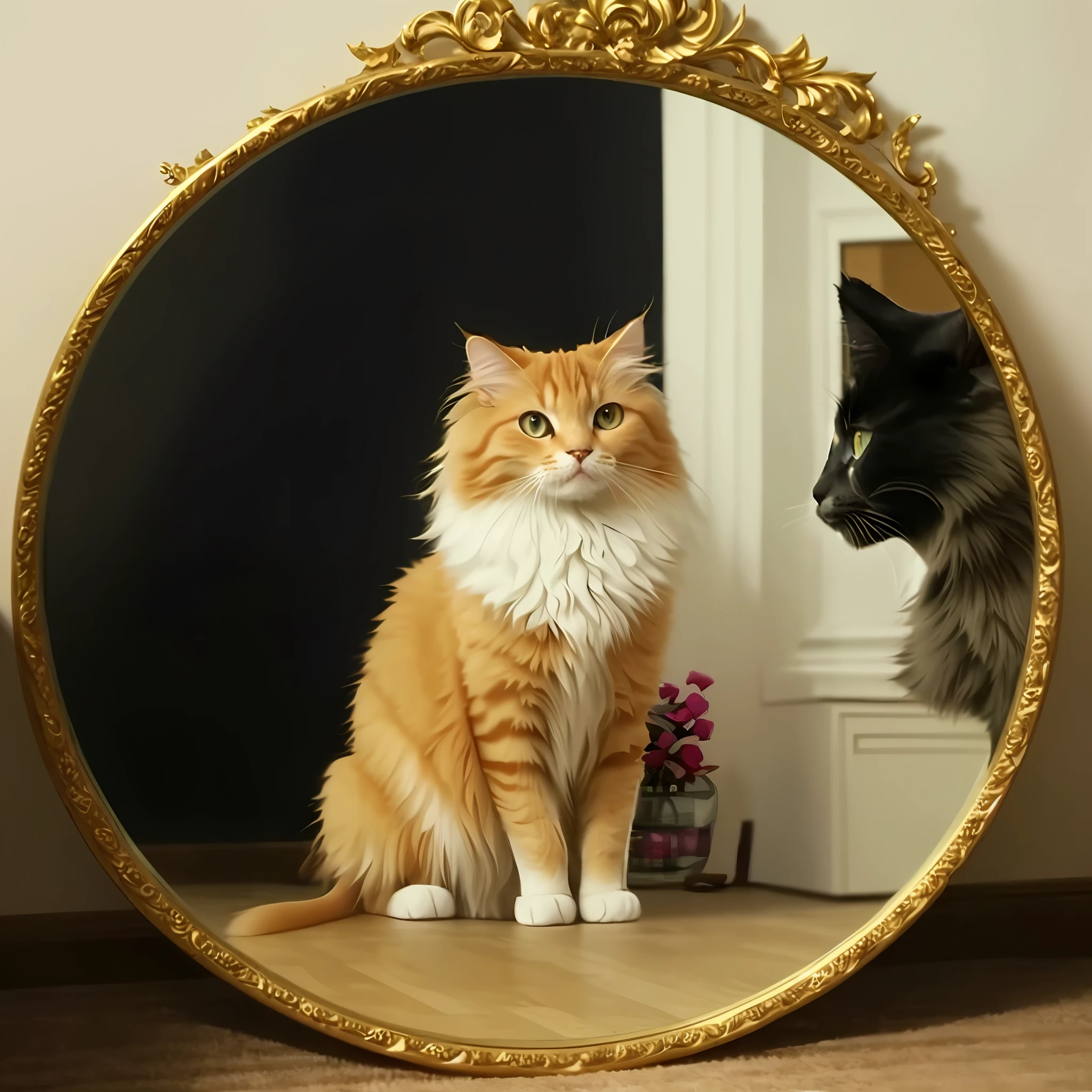 Aravi cat sitting in front of the mirror looking at himself, holding the mirror, looking in the mirror, elegant cat, looking in the mirror, cat's masterpiece, looking in the mirror, admiring his reflection, looking in the mirror, doing majestic poses, standing in front of the mirror, mirror reflection, Persian cat, anthropomorphic Great Maine, KittyPic photo Ginger TomCat