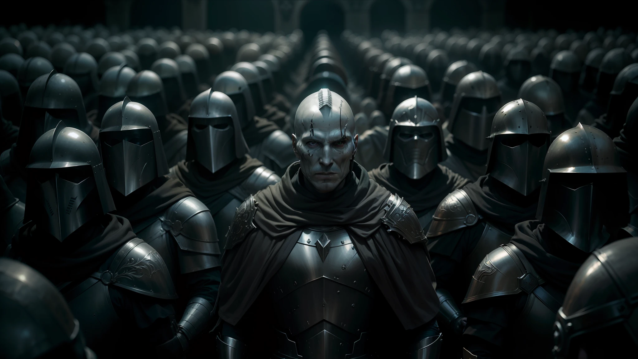 a close up of a group of people wearing armor and helmets, film still of voldemort, lecouffe deharme, pilgrimage, giant crowd, silver insignia, morningstar, full faces, member of the endless