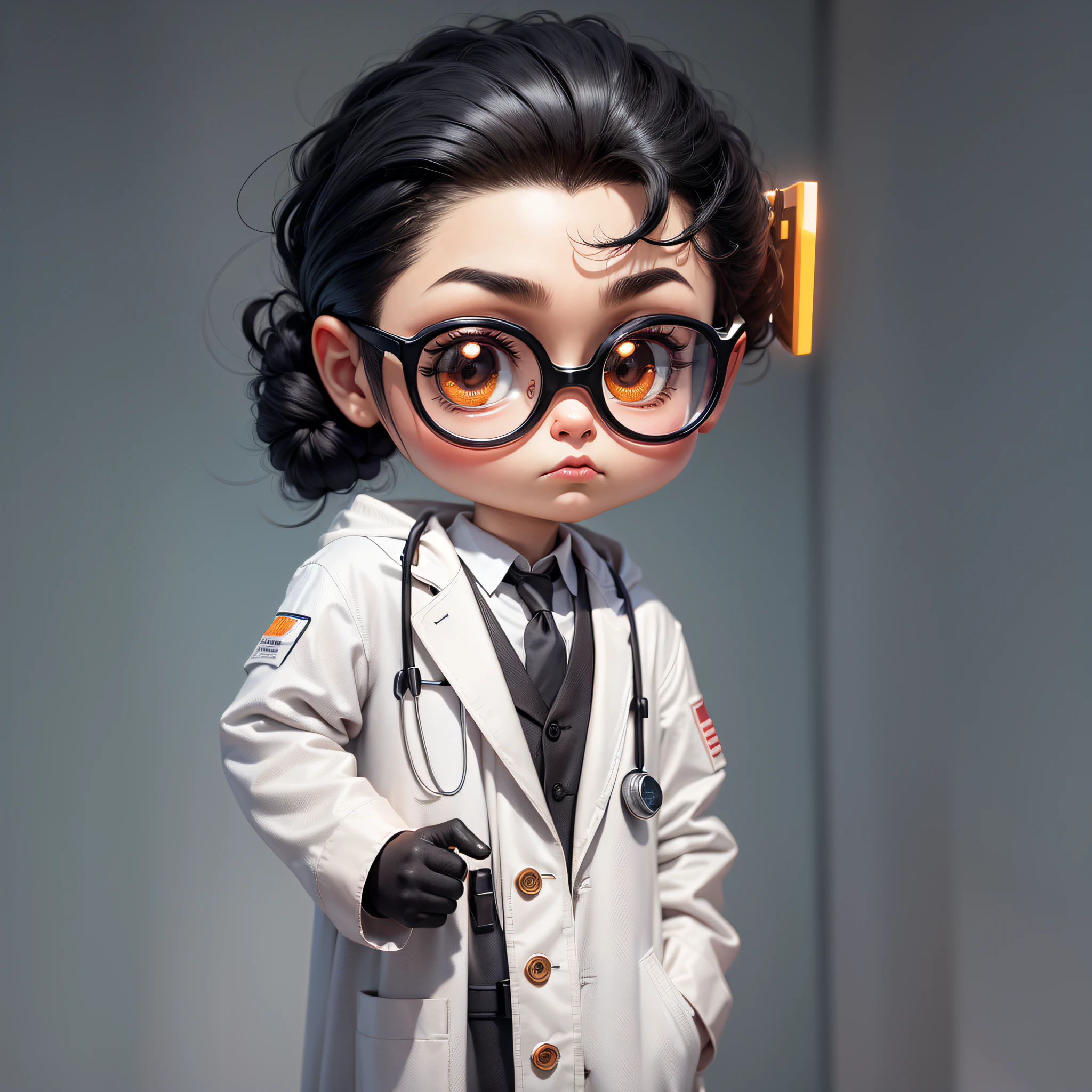 Create a mascot for a body aesthetics company, black hair tied back, doctor's coat, with the face at several different angles, cinematic light, quality superior to 4k --auto --s2