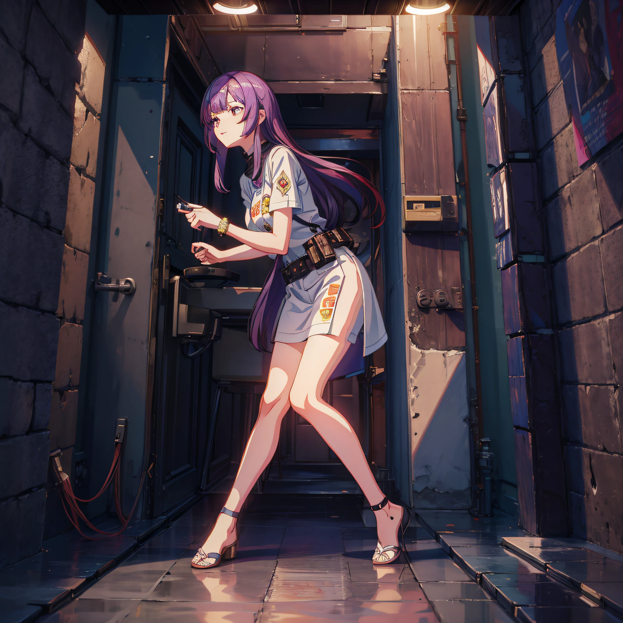 (Masterpiece, super detail, high detail, best quality, 8k, tunnel bomb shelter), (woman, long purple hair, casual clothes, high detail skin) answer casually