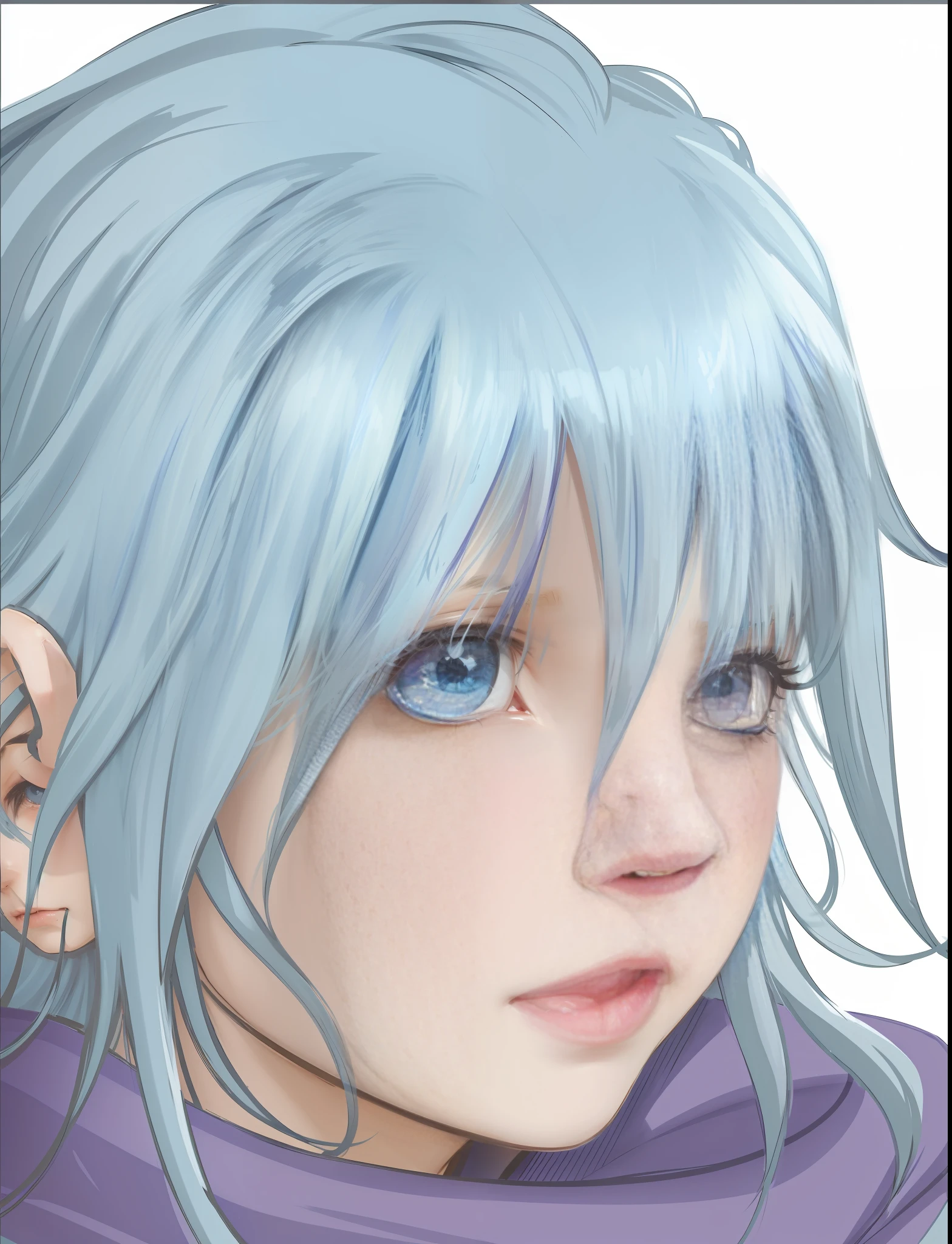 Weeping maiden, blue hair, clear tears flowing, grief, purple cape, soft lighting, background paste, HD, Disney style,