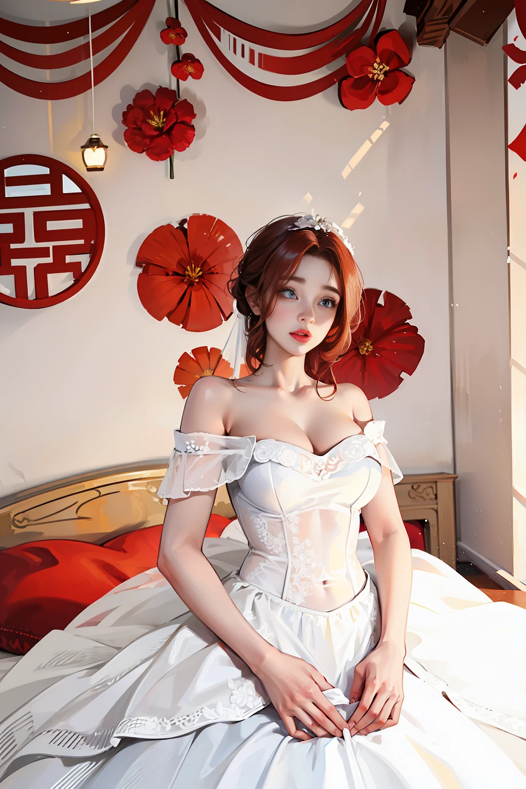 A beautiful woman wearing a white dress, white transparent wedding dress, bandeau, bare shoulders, bare breasts, large breasts, big breasts, pronounced cleavage, red lips, big eyes, curly hair, and white flowers on her head