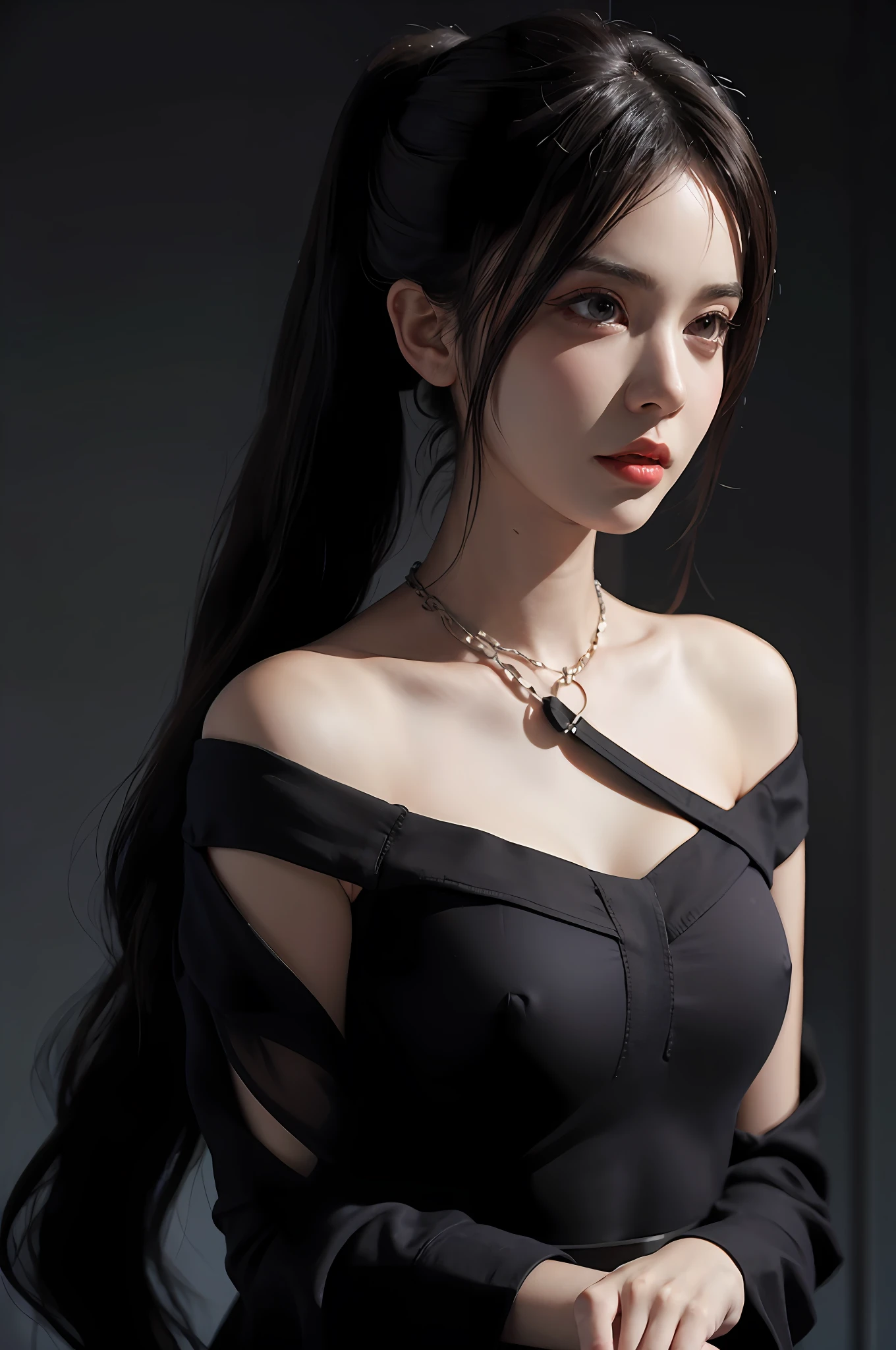 Serious and cold girl with straight black long hair dark look, elegant and mysterious, her hair is pulled back