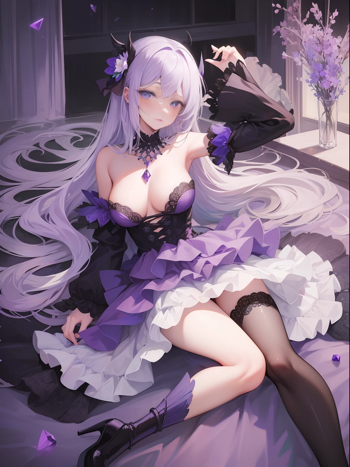 A beautiful girl, sweet, full body photo, flesh-colored lace, purple long hair, closed moon shy flower, incomparably beautiful, black stockings, blue eyes, full body portrait, close-up, black crystal high heels, full body portrait, lying on the bed, blue gauze skirt, delicate facial features, perfect body, messy purple long hair, moaning, seductive, bare shoulders, holding a wine glass, crystal scene, amethyst necklace