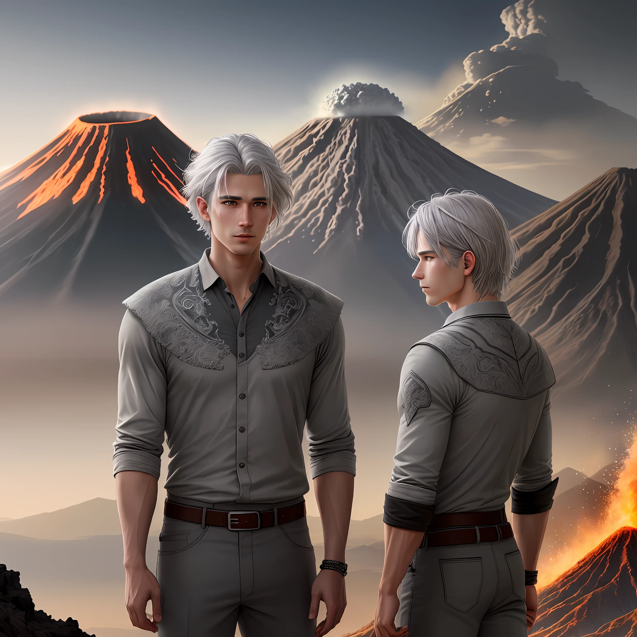 Drawing, fantasy, realism, high detail, 5duet men (detailing), ((with light gray hair)) (hair detailing), (clothing detailing), standing at an erupting volcano (volcano detailing), (nature detailing), 8kk