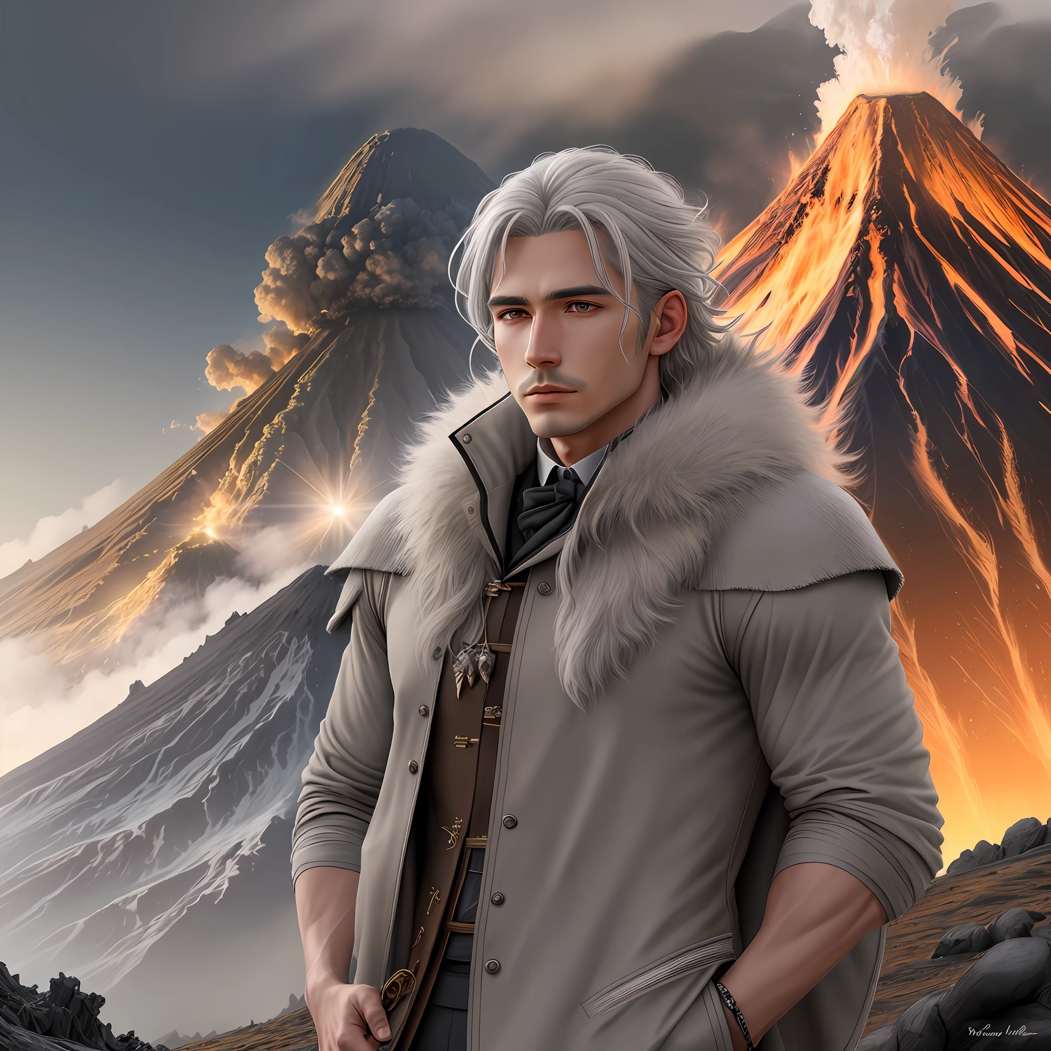 Drawing, fantasy, realism, high detail, 5duet men (detailing), ((with light gray hair)) (hair detailing), (clothing detailing), standing at an erupting volcano (volcano detailing), (nature detailing), 8kk