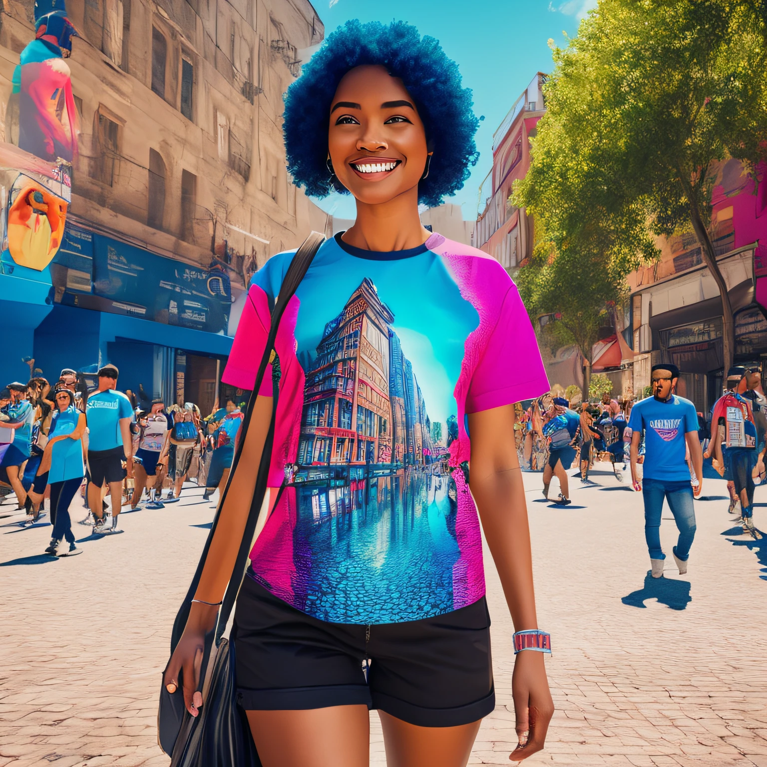 A modern urban setting with vibrant colors, full of people walking and showing off their Tee Haven T-shirts with custom prints, 8k, ultra-realistic. Highly detailed.