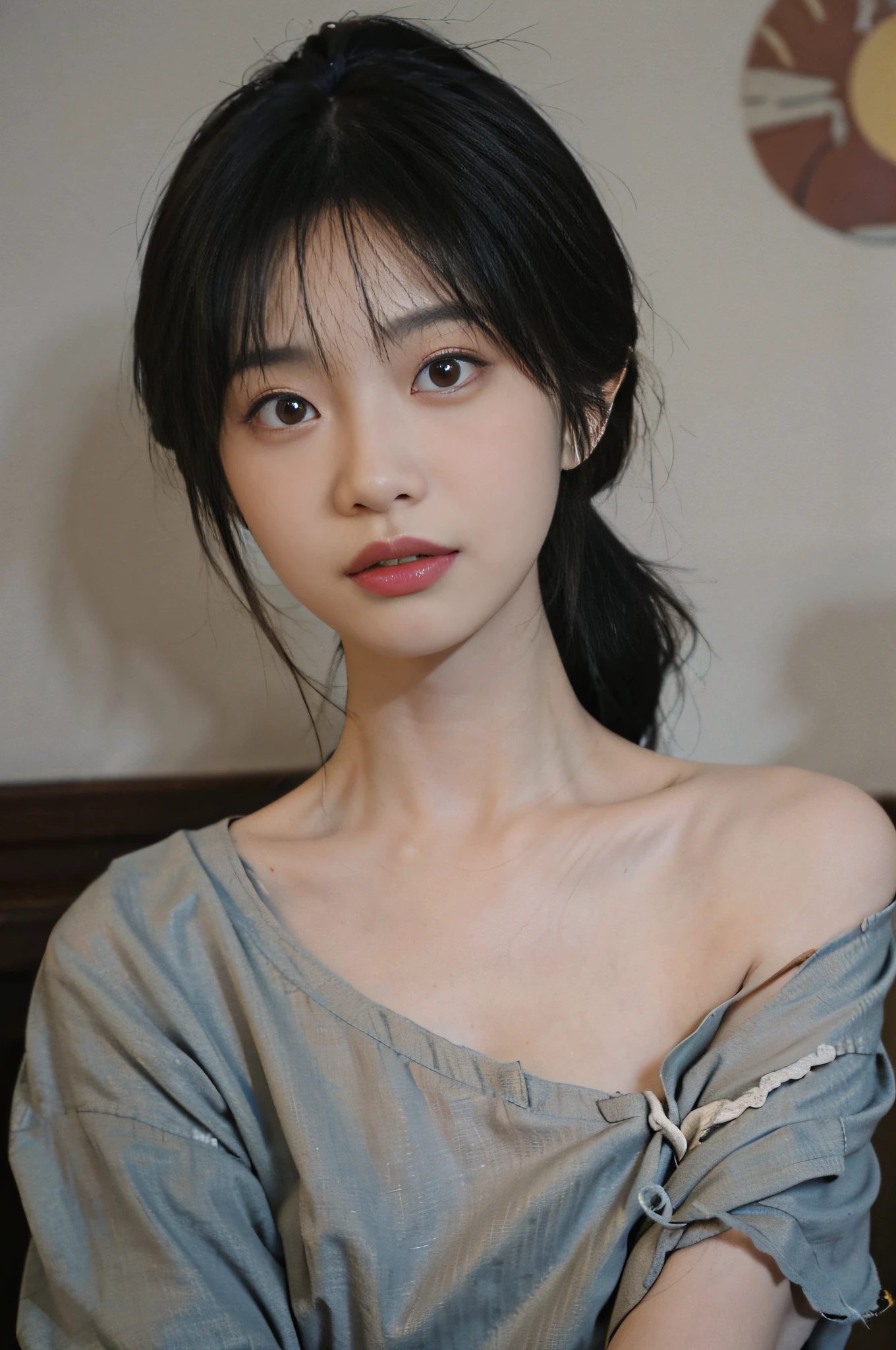 Temperament girl, delicate facial features, bangs, brown ponytail, messy hair, hair is very realistic, wearing a pink gauze slip dress, the background is a large painting, sea view, Du Qiong, exquisite makeup, light red lips, big eyes, double eyelids, black holes, bright eyes, symmetrical face, very real face, narrow waist, thighs, meticulously portrayed the girl's face, blush, super high appearance, looking at the audience, very realistic skin, skin oil reflection, artwork, clothes have a real fabric texture, Realistic painting, cinematic style, photography level, ray tracing, realistic light and shadow effects, realism, masterpiece, like the top photography effect, 8K, upper body