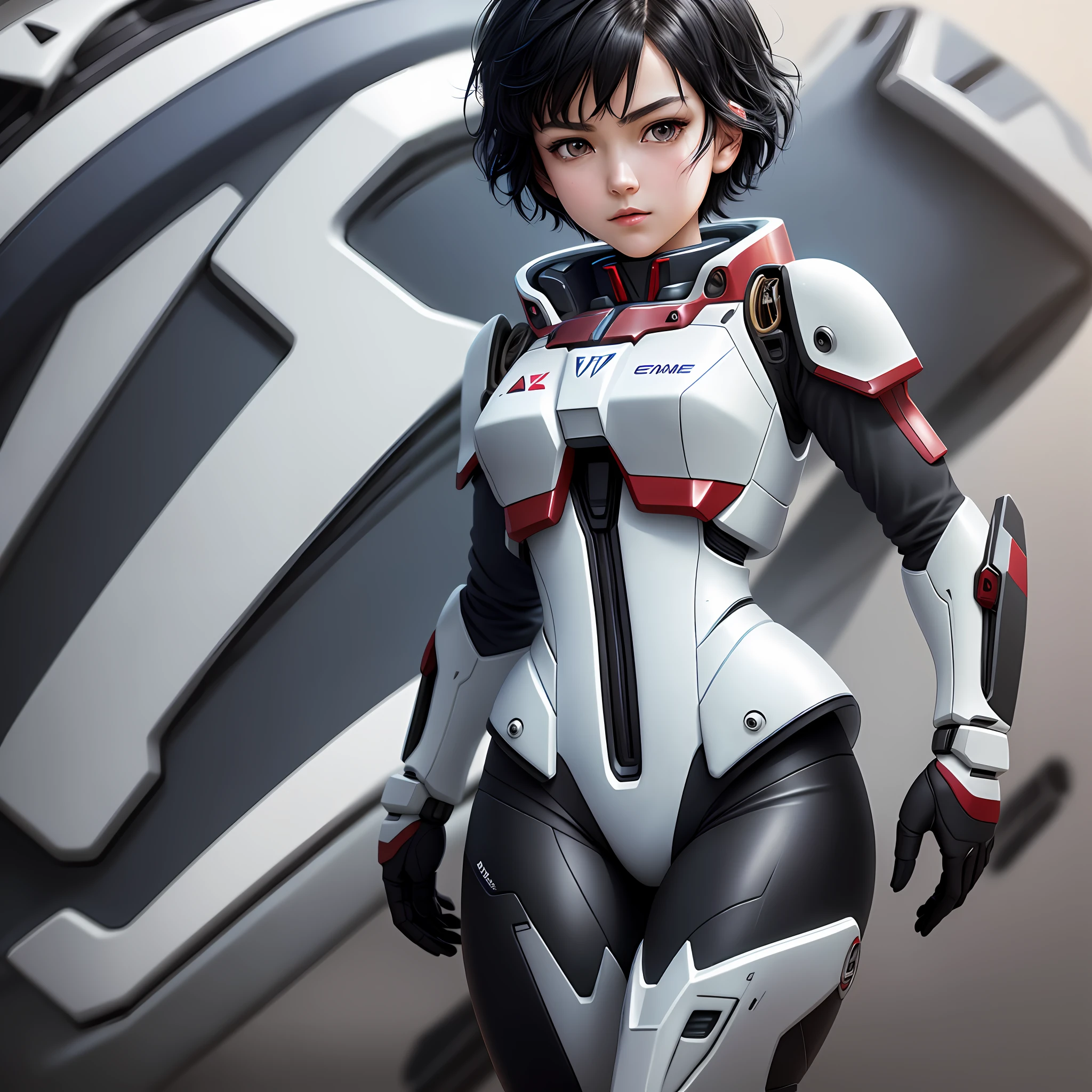 Elaborate CG Unity 8K wallpaper, masterpiece, top quality, distinct_image): (high definition, realistic, detailed details, lone girl, girl with short black hair, full body figure, small breasts, sparkling black colored eyes, light on face, white and blue color flight suit, tight fit clothes, full-body covering clothes, beauty, ((album cover)), slim body, exoskeleton, Gundam pilot, gentle expression)