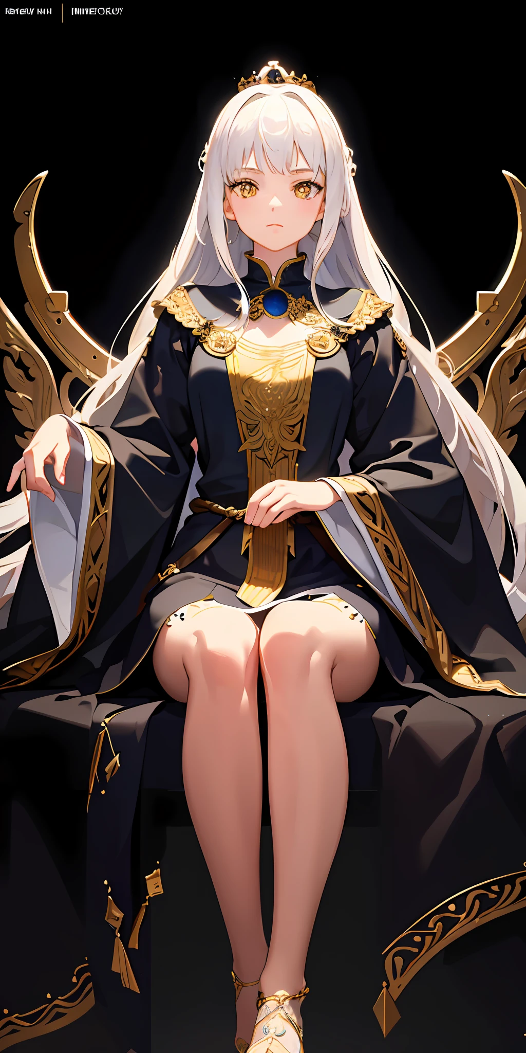 (Masterpiece:1.2), best quality, (illustration:1.2), (ultra-detailed), hyper details, (delicate detailed), (intricate details), (cinematic light, best quality Backlights), clear line, from below, soloist, perfect body, (1girl), white hair and yellow eyes, (emperor, black see-through clothes), (crown: 1.1), sitting on the throne, eyes slightly closed, head down, (shy: 1.2 ), (makeup), high contrast, (best illumination, an extremely create and beautiful), (cinematic light), colorful,