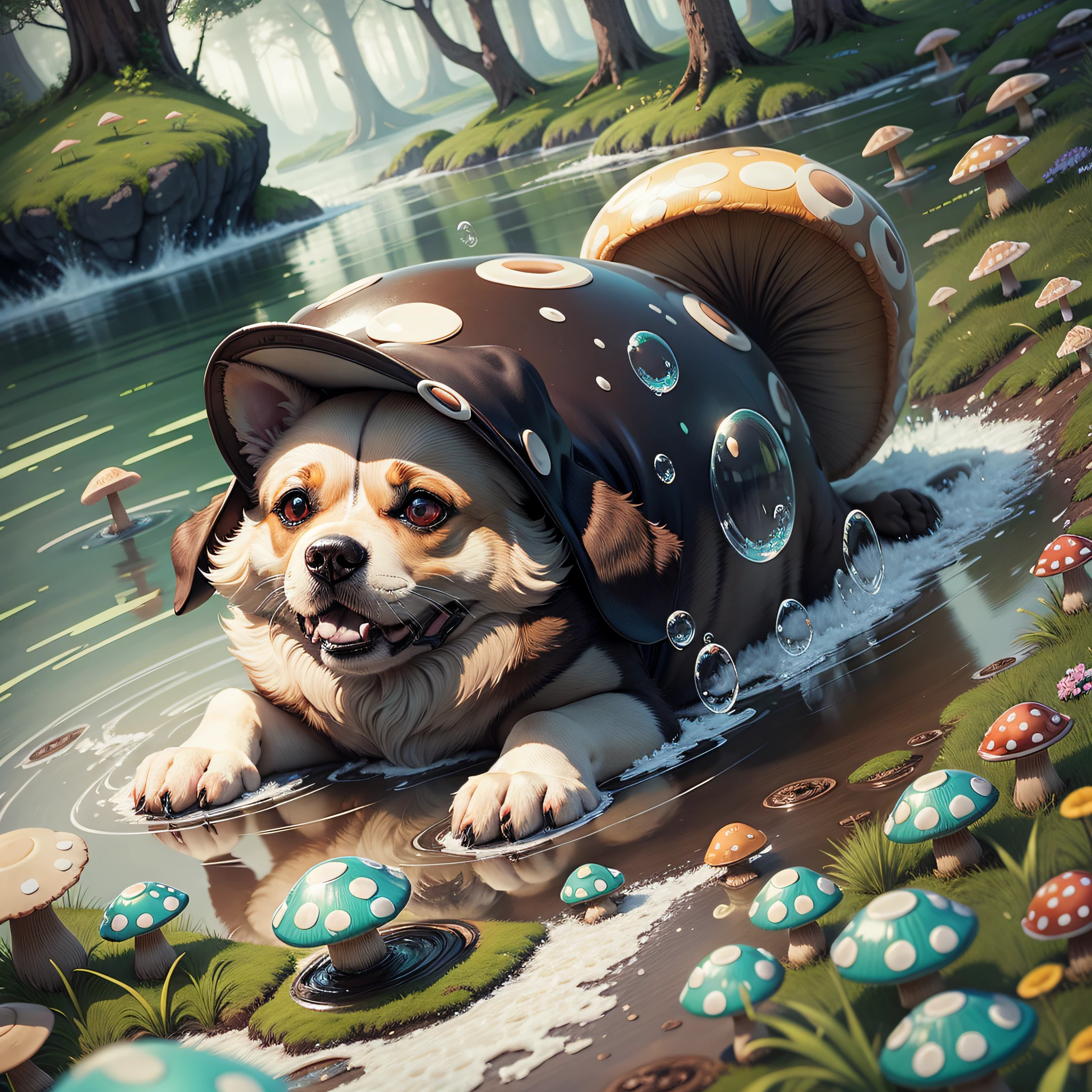 crazy dog with big eyes scenery full of bubbles and mushrooms, photo --auto --s2