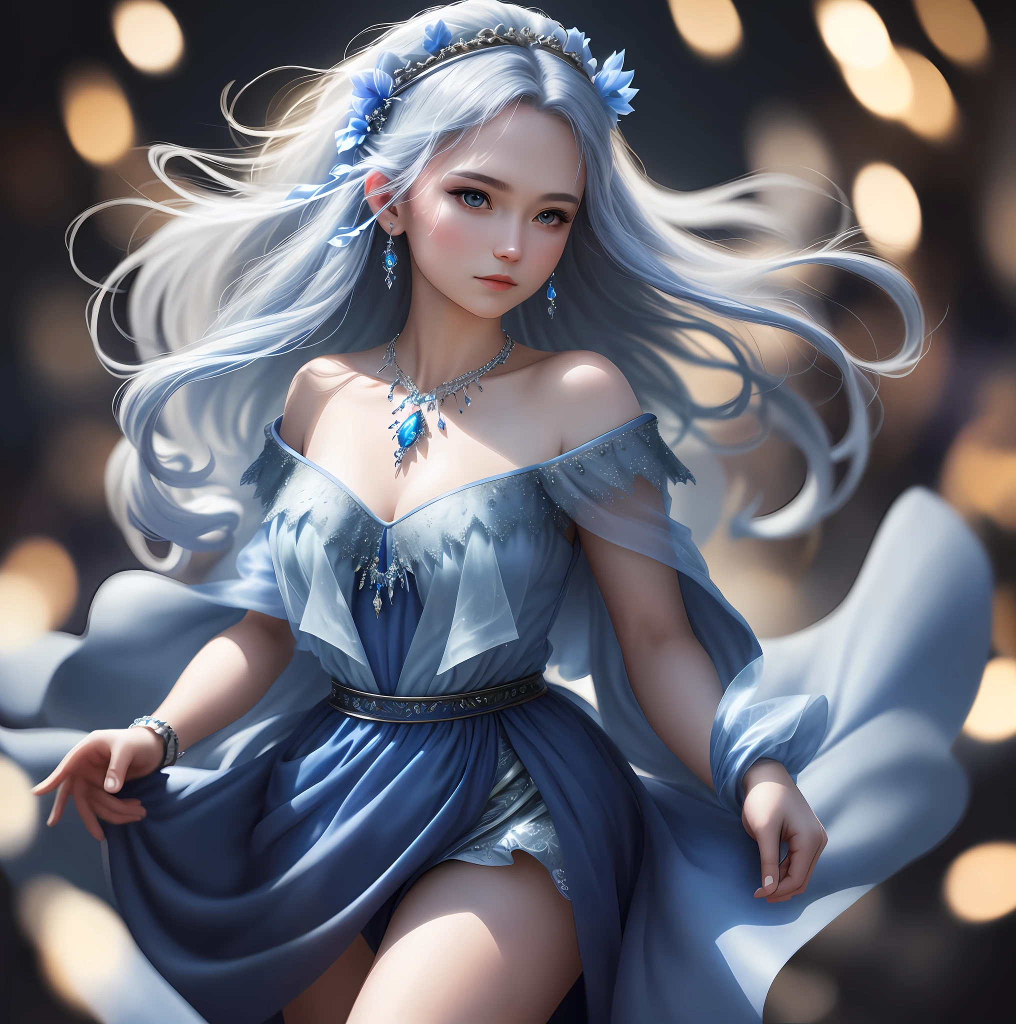 Best Quality, Masterpiece, High Resolution, 1Girl, Blue Silk Dress, Hair Accessories, Necklace, Jewelry, Beautiful Face, Body, Ice Princess, Tyndall Effect, Realism, Dark Studio, Edge Lighting, Two-tone Lighting, (High Detail Skin: 1.2), 8K UHD, DSLR, Soft Light, High Quality, Volumetric Light, Voy Shot, Photos, High Resolution, 4K, 8K, Bokeh,