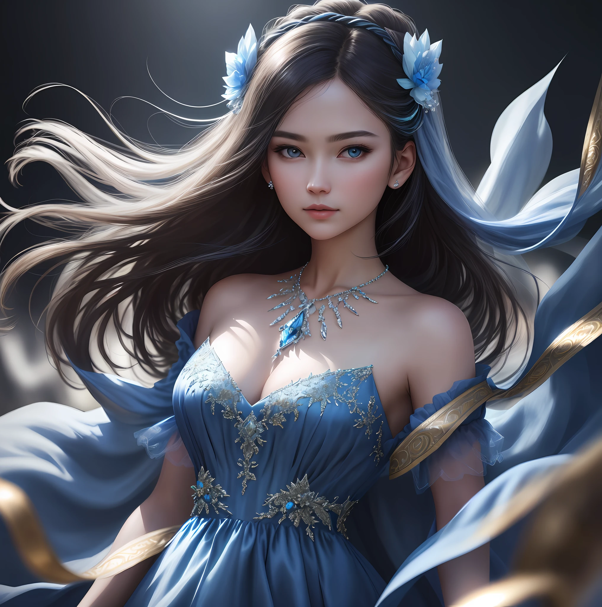 Best Quality, Masterpiece, High Resolution, 1Girl, Blue Silk Dress, Hair Accessories, Necklace, Jewelry, Beautiful Face, Body, Ice Princess, Tyndall Effect, Realism, Dark Studio, Edge Lighting, Two-tone Lighting, (High Detail Skin: 1.2), 8K UHD, DSLR, Soft Light, High Quality, Volumetric Light, Voy Shot, Photos, High Resolution, 4K, 8K, Bokeh,
